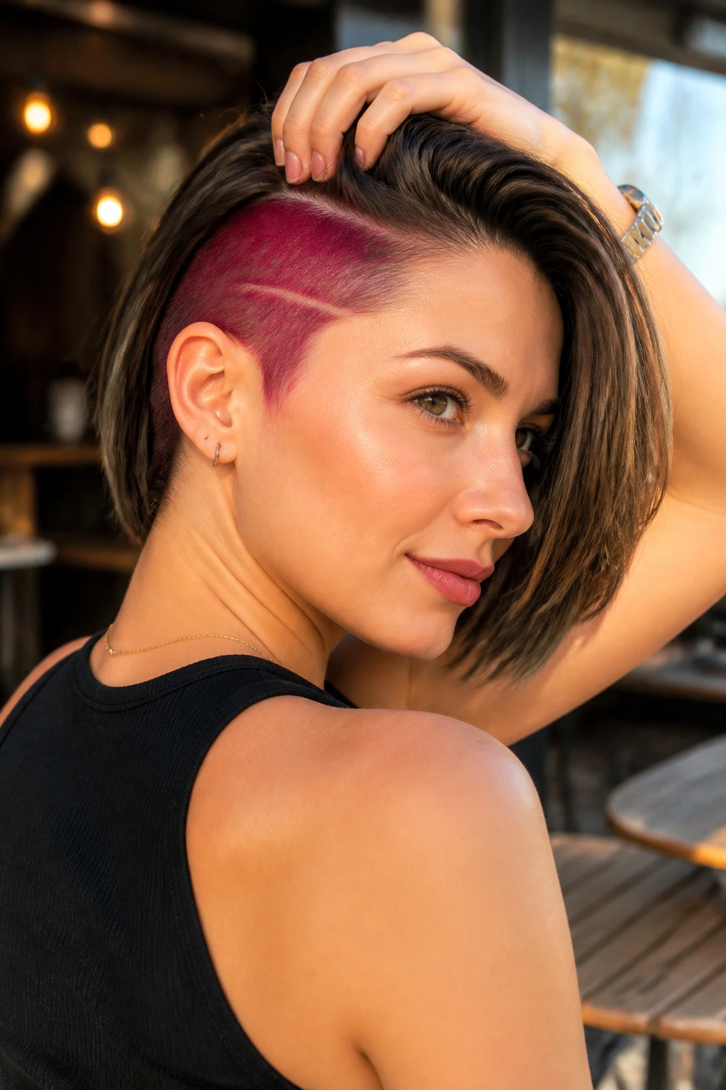 Close-up portrait of a real person with a bold color undercut revealed when hair lifts.