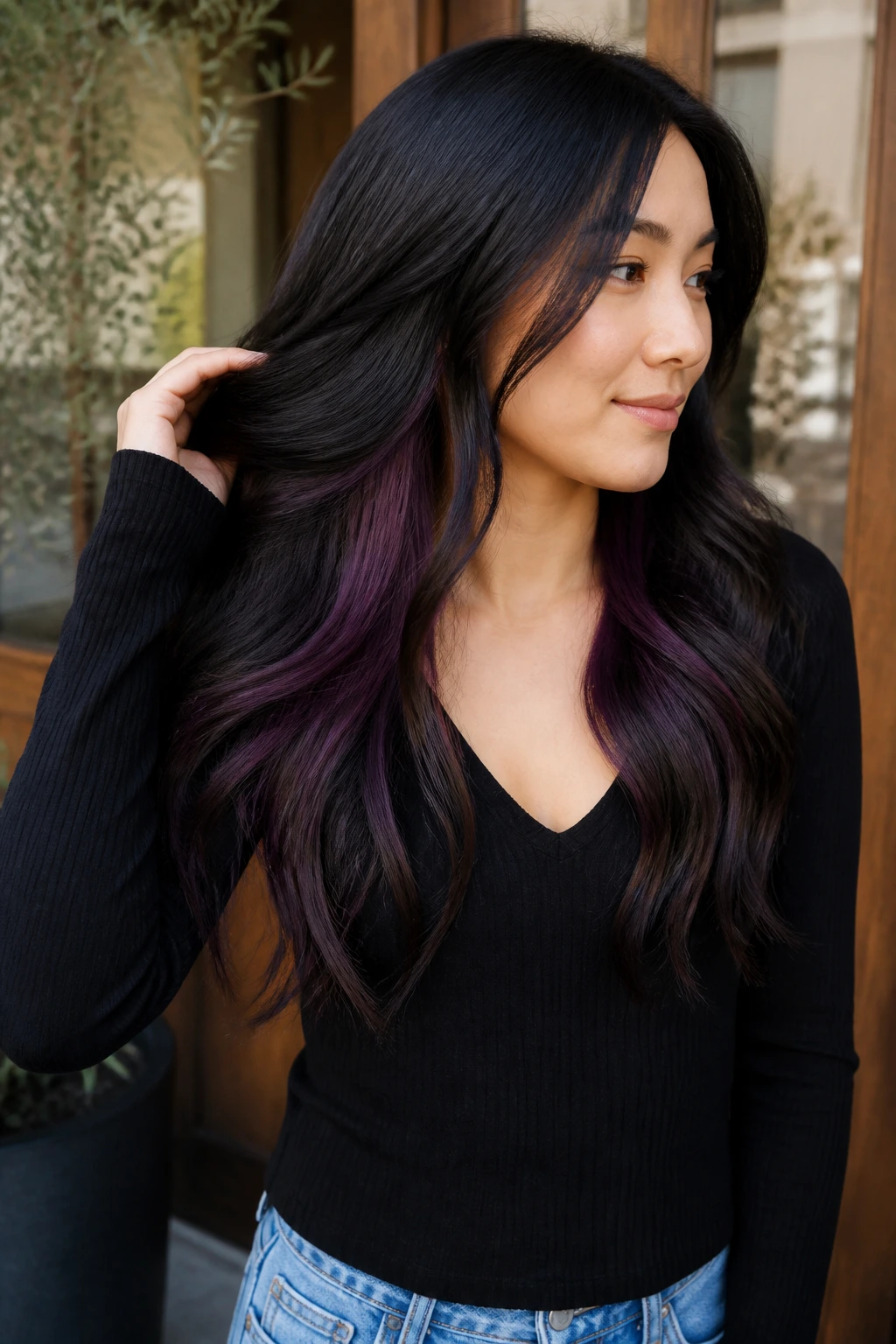 Real person showing hair with visible color variations and underlayers