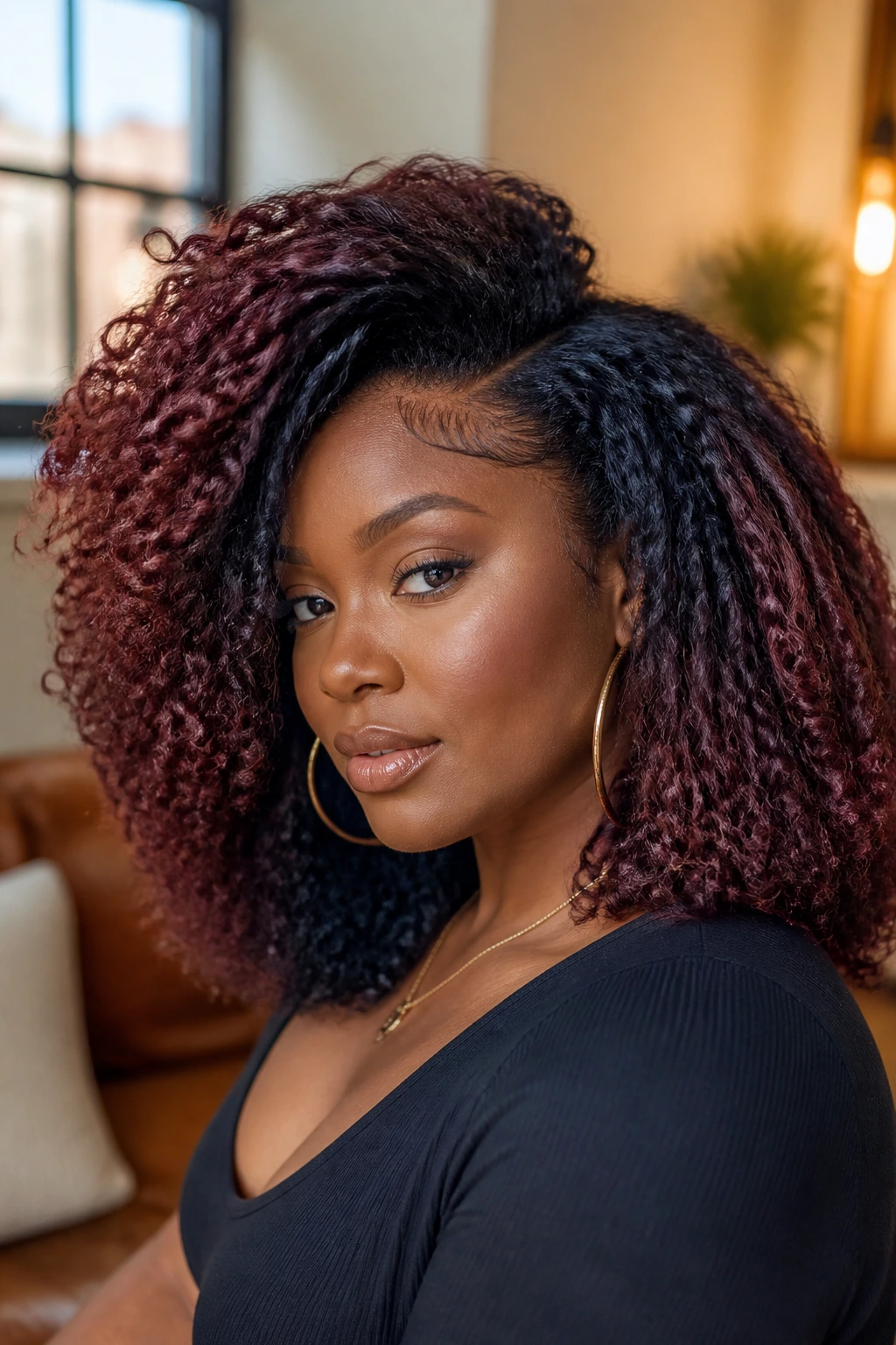 Close-up of real person with multi-tone glossed hair showing espresso, blue-black, mahogany, and chocolate cherry