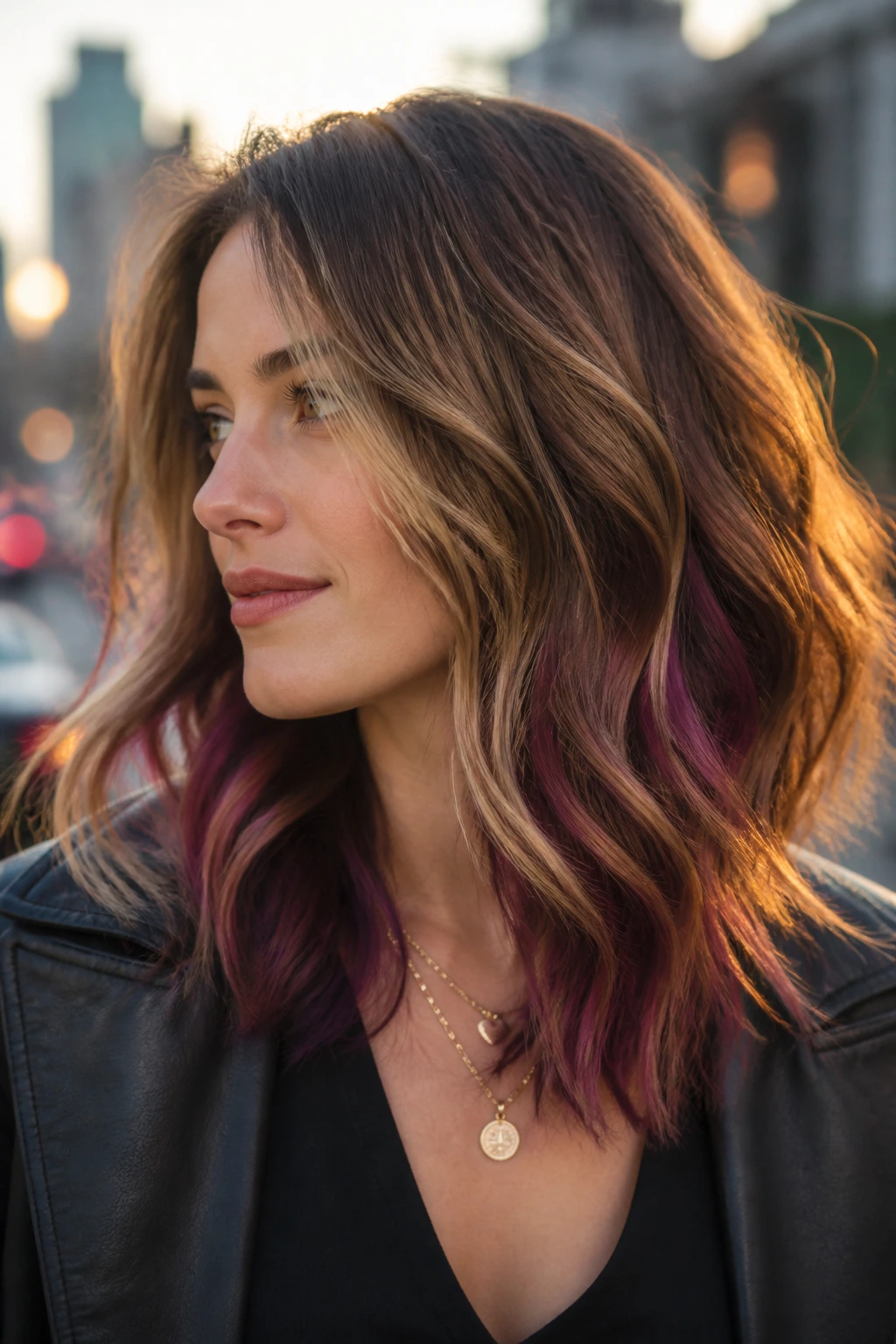 Close-up of real woman with color variations and underlayer plum peeking through