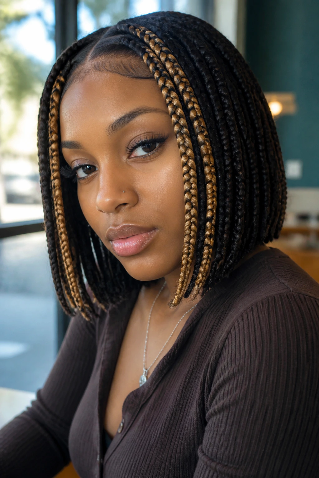 Close-up of a real person with colored bob braids and face-framing pieces