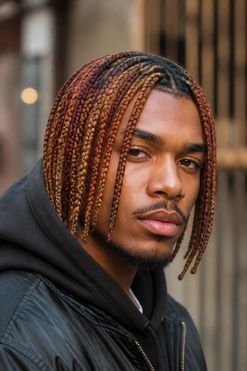 Man with colored box braids in honey brown and burgundy tones, close-up