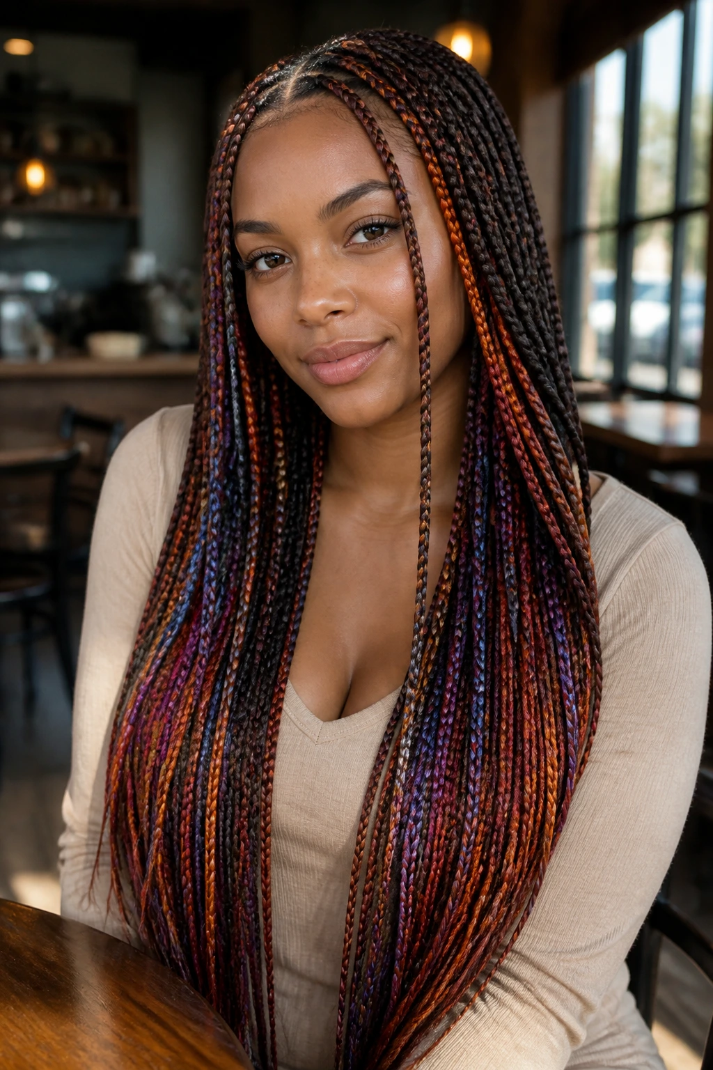 Portrait of a real woman with long colored braids and a clean parting
