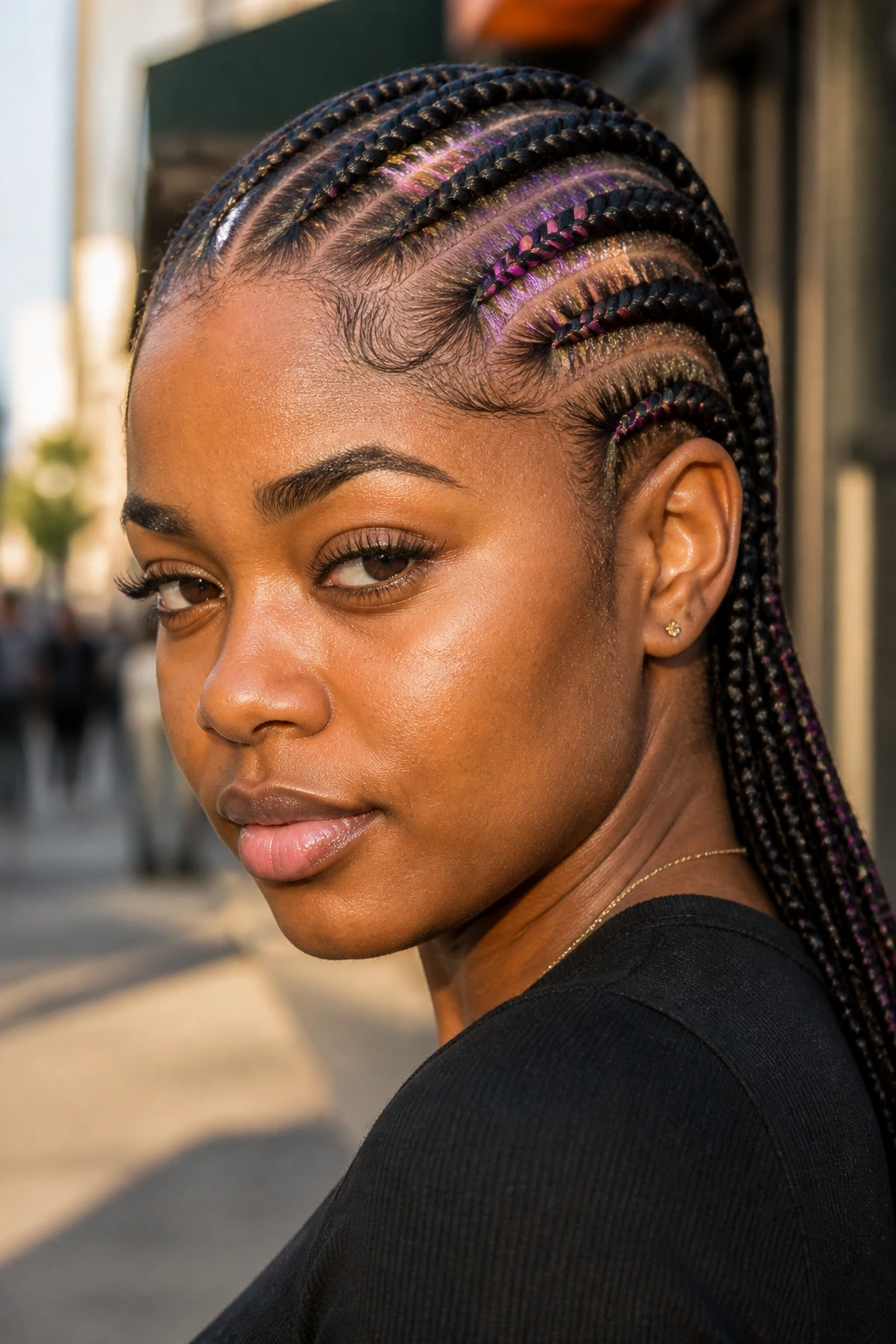 Portrait of a real woman with pop-of-color cornrows featuring subtle color accents near the face