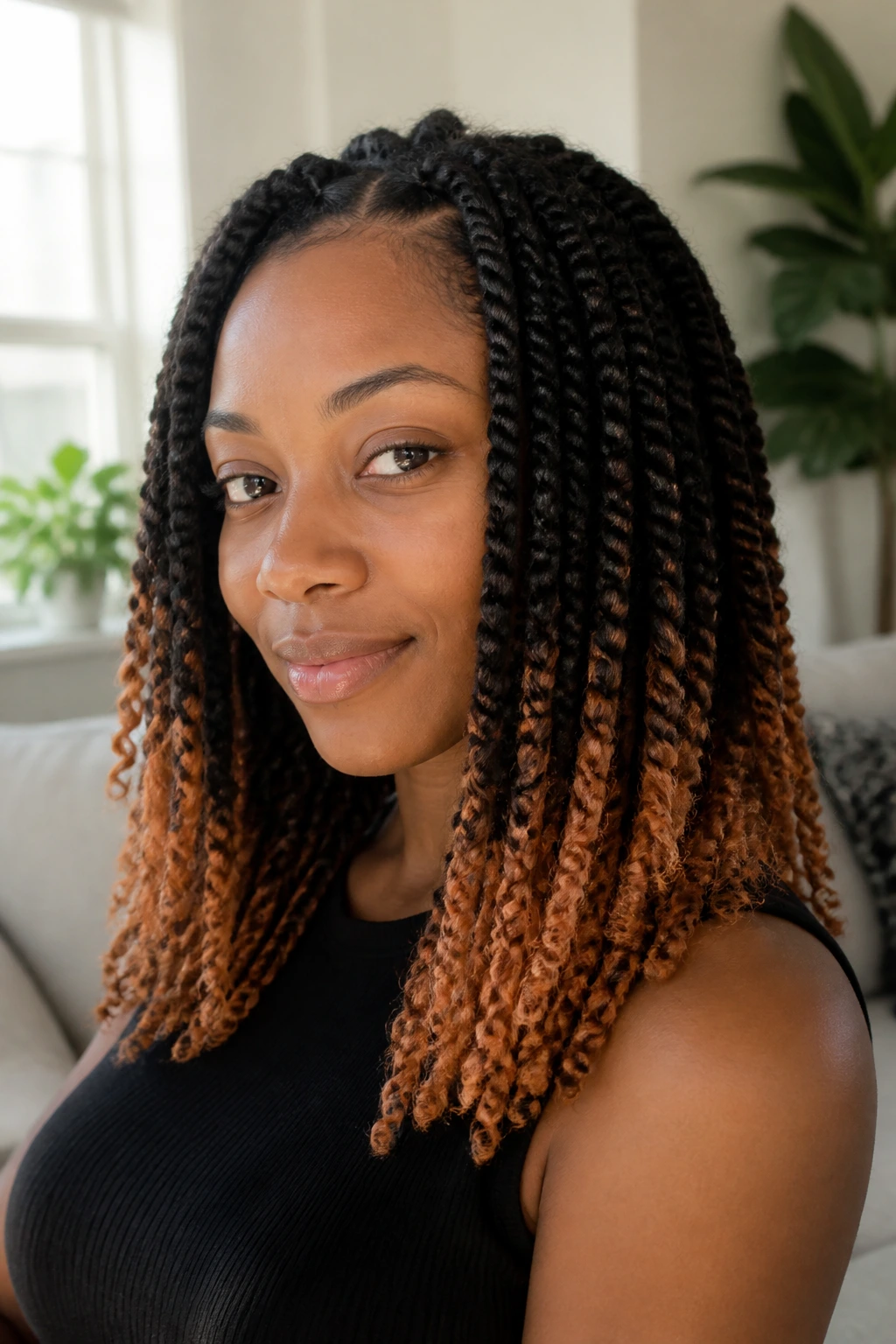 Close-up of twists with colored ends on a real person; ombre tones.