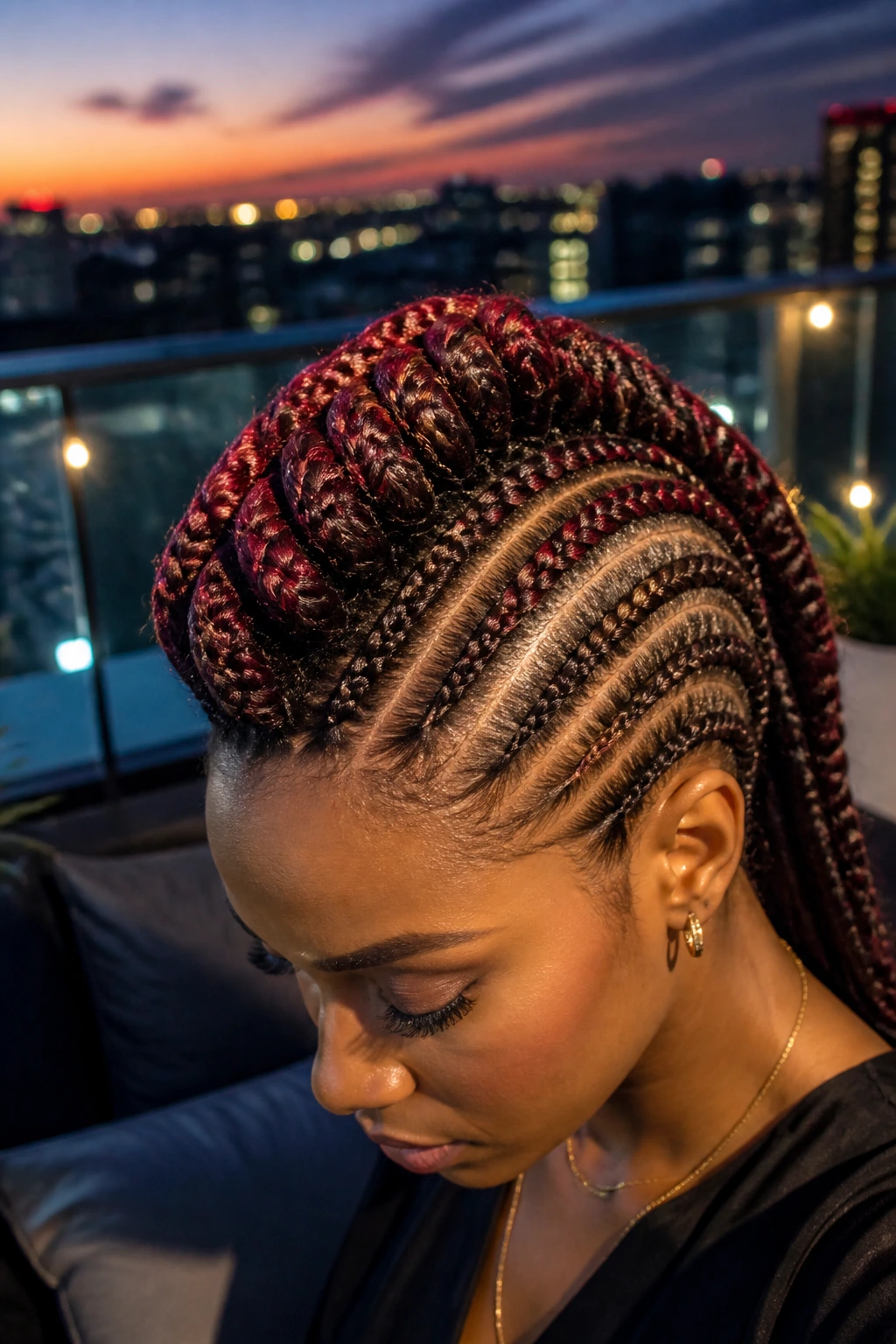Portrait of a person with colored-extension braided mohawk at dusk.