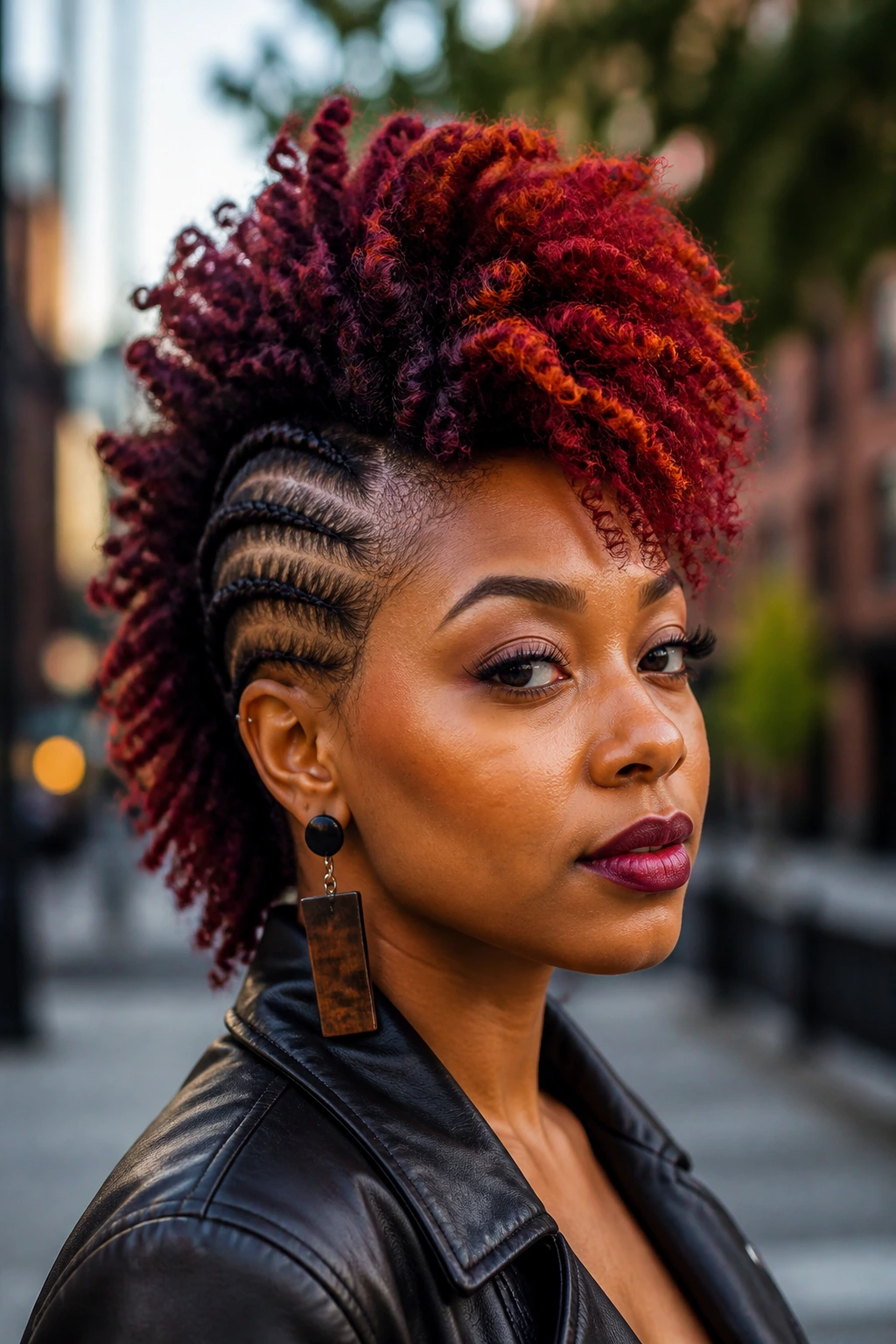 Close-up of Colored Extension Mohawk on a real Black woman with burgundy and copper extensions