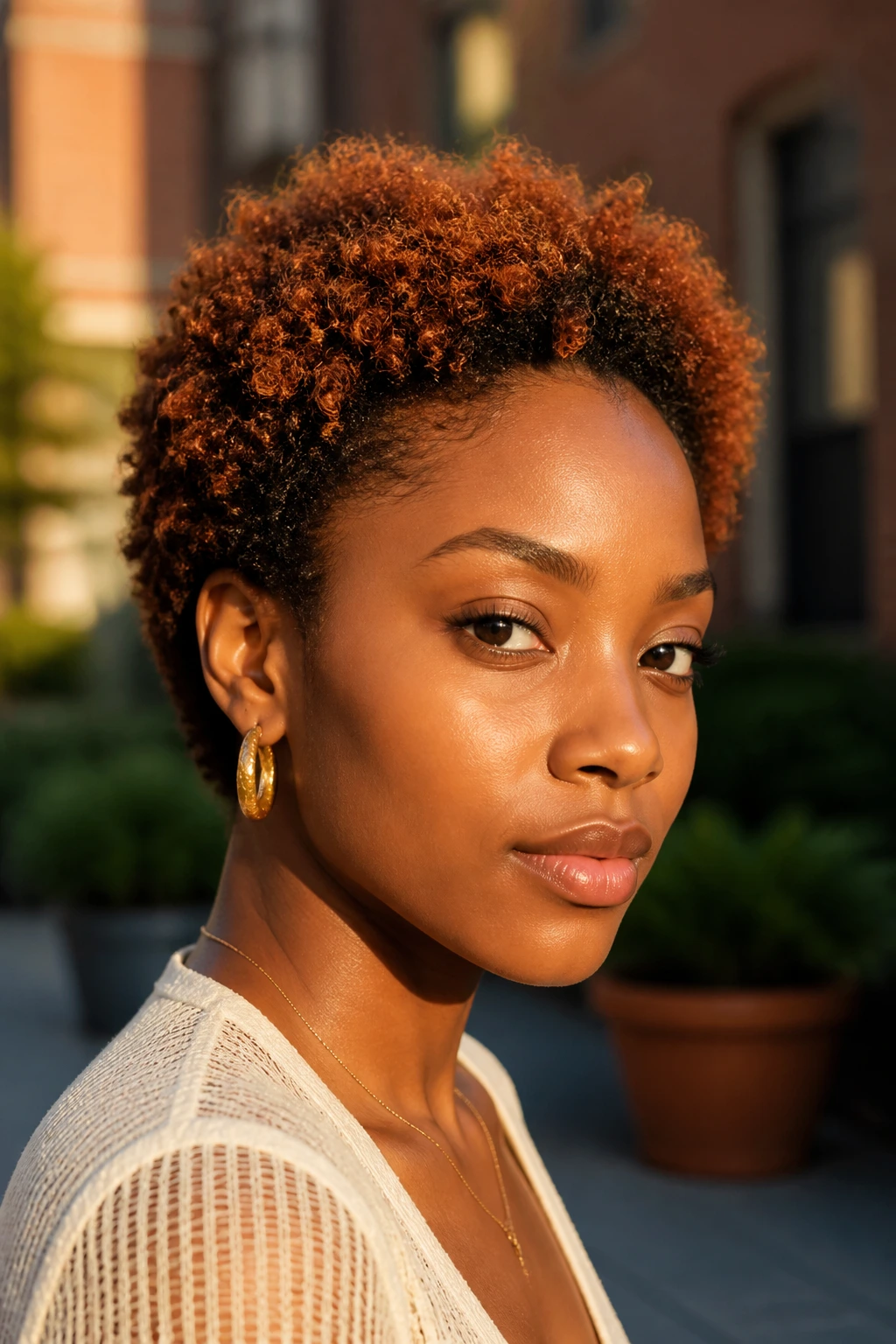Close-up of a Black woman with a short afro and warm copper highlights in golden hour light