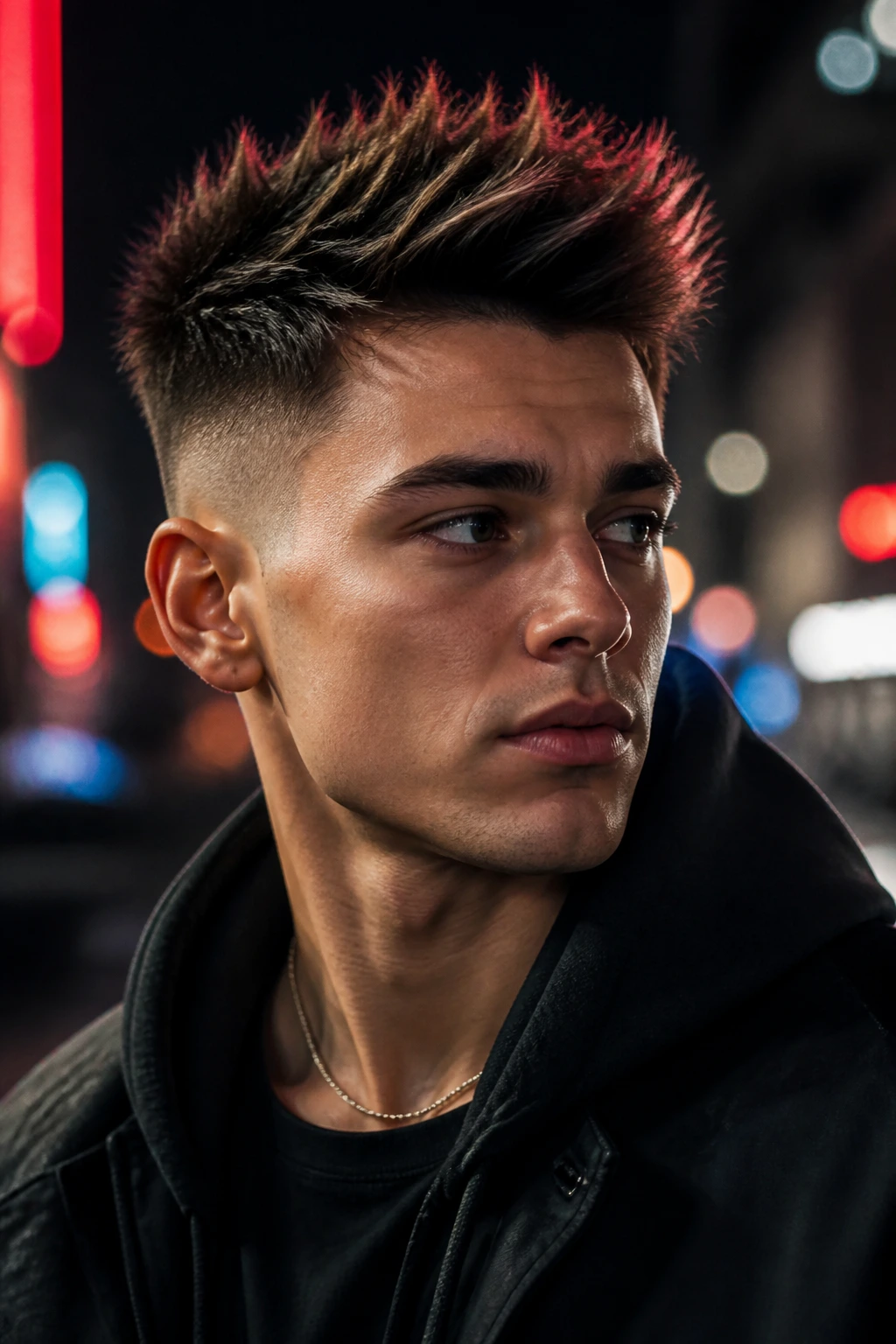 Close-up portrait of a real man with color-tipped spikes in an urban night scene