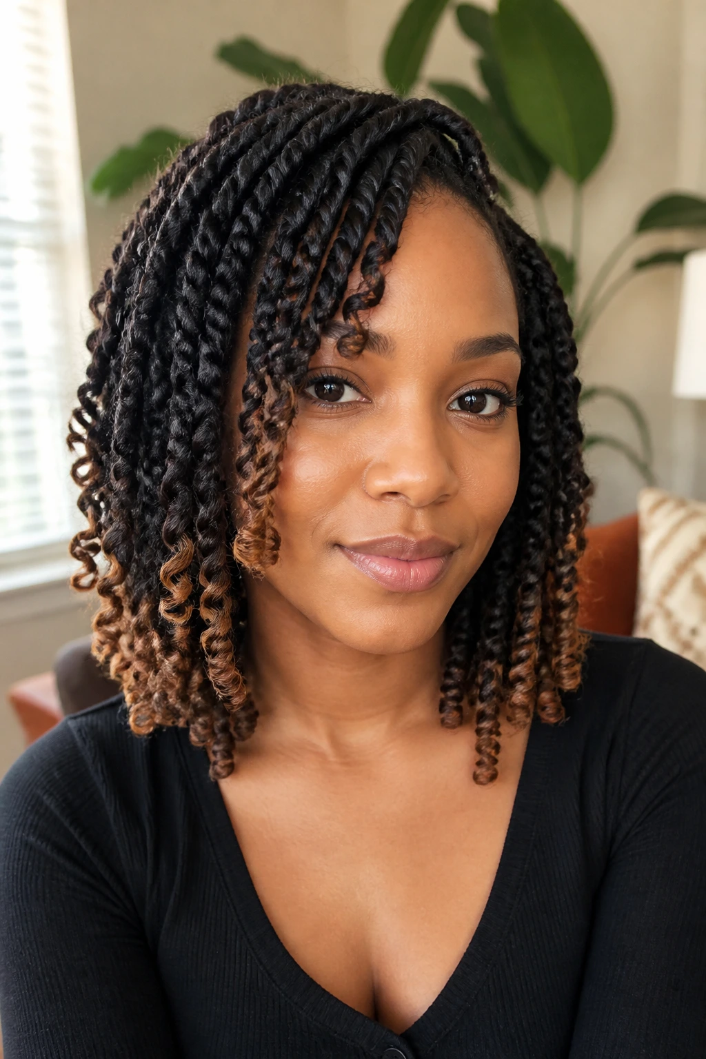 Close-up portrait of a person with colored-tip spring twists