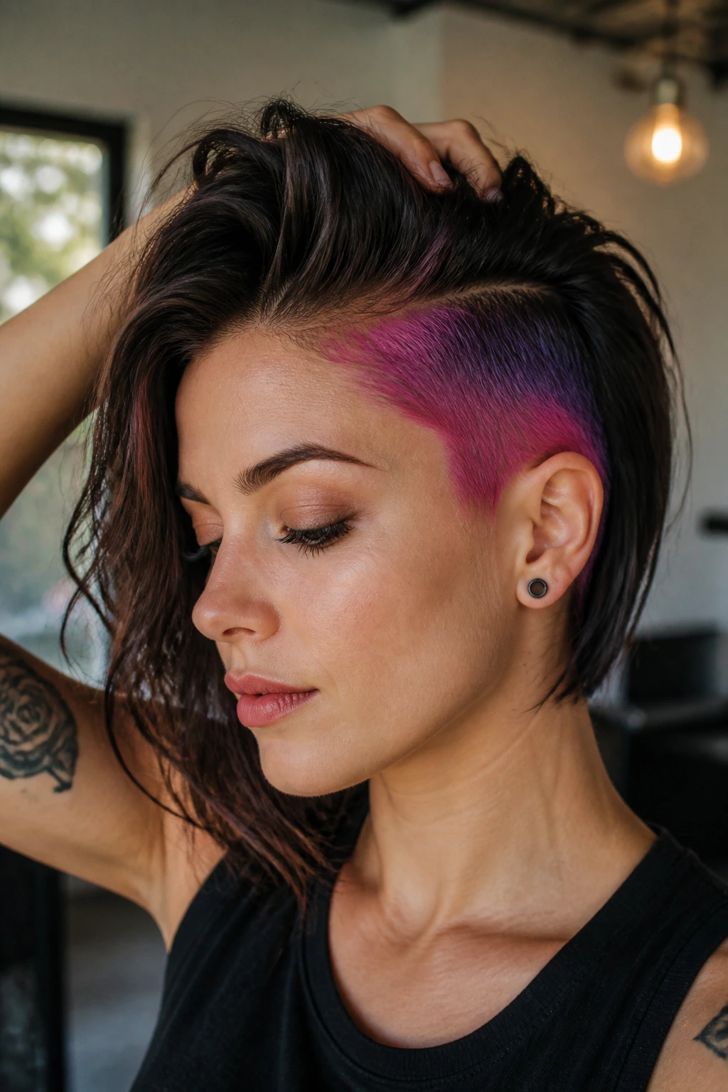 Woman with colored undercut variation visible on shaved zone