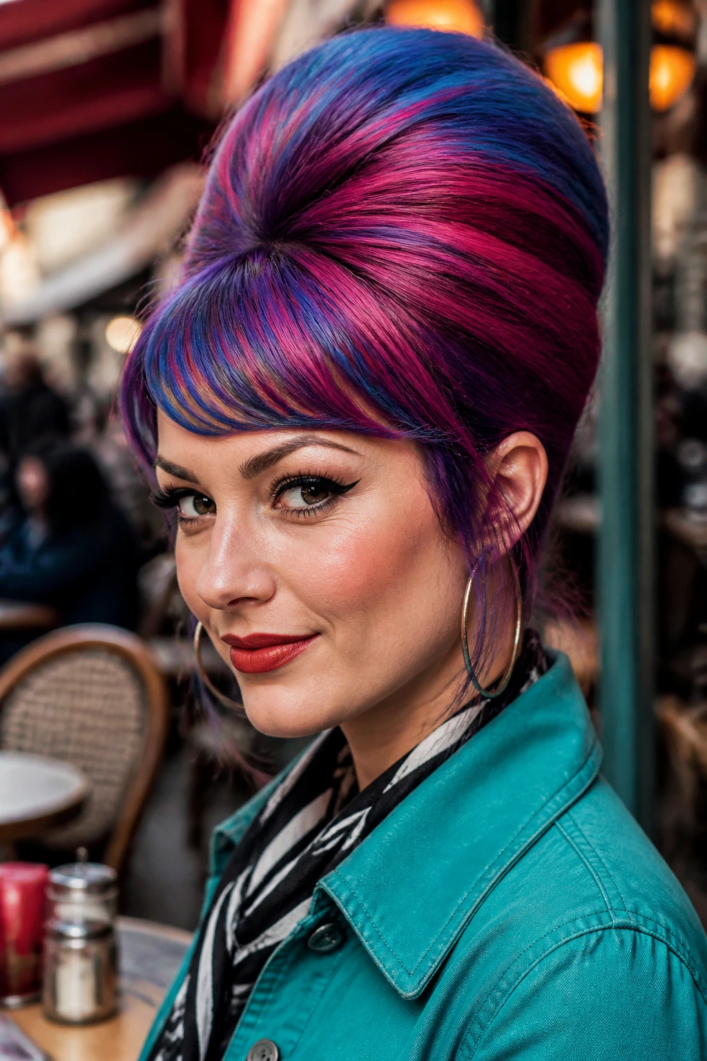 Close-up portrait of a woman with a bold color beehive hairstyle outdoors