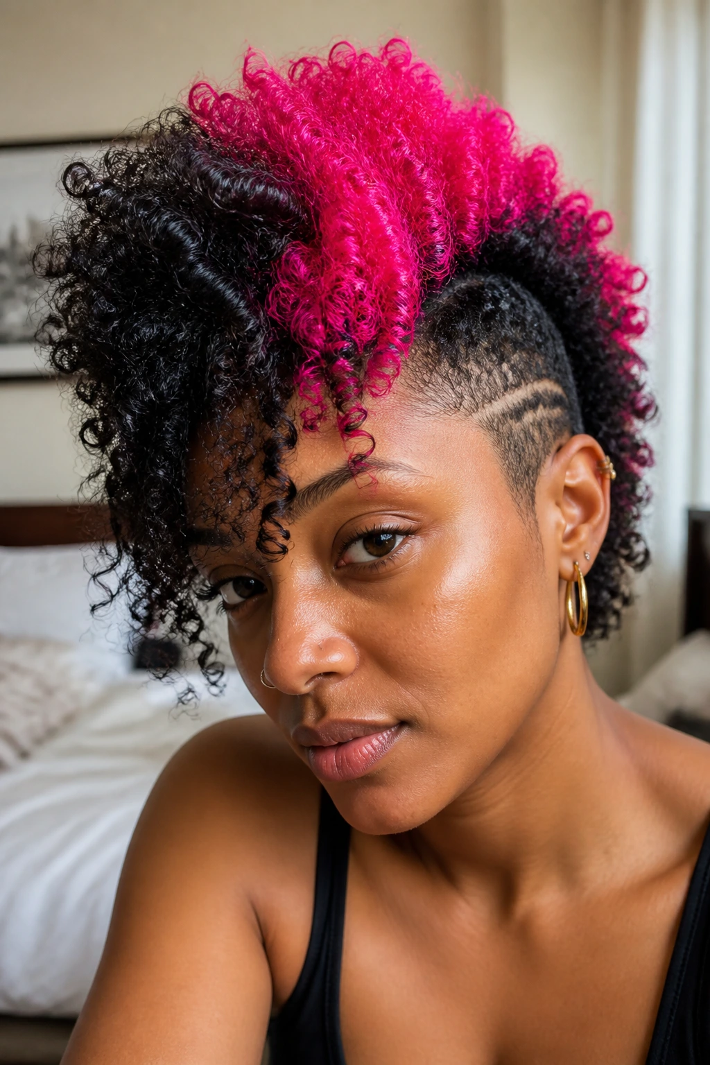 Close-up of a real person with a bright pink frohawk center ridge on dark curly hair