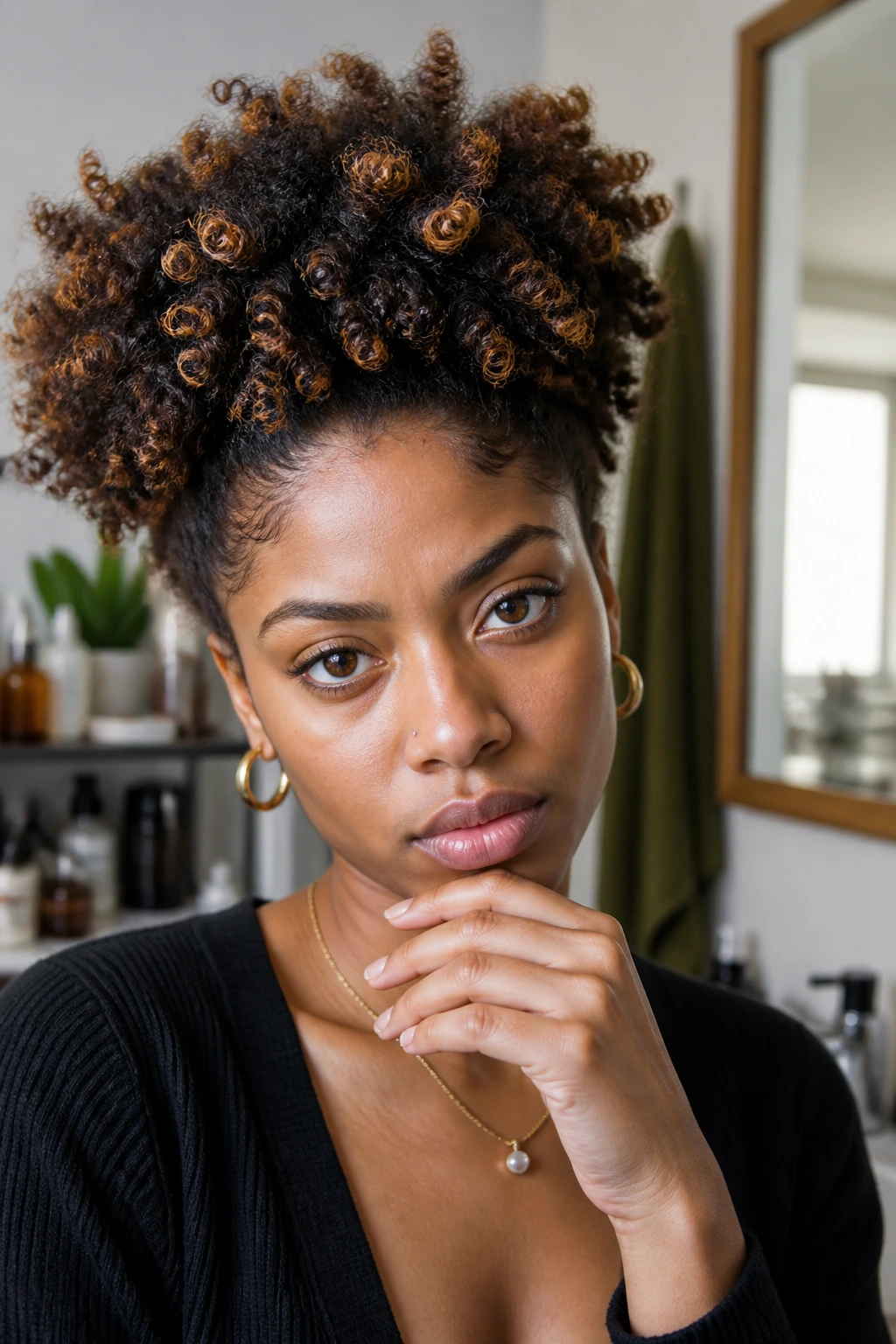Curious look of person considering hair color on natural textured hair