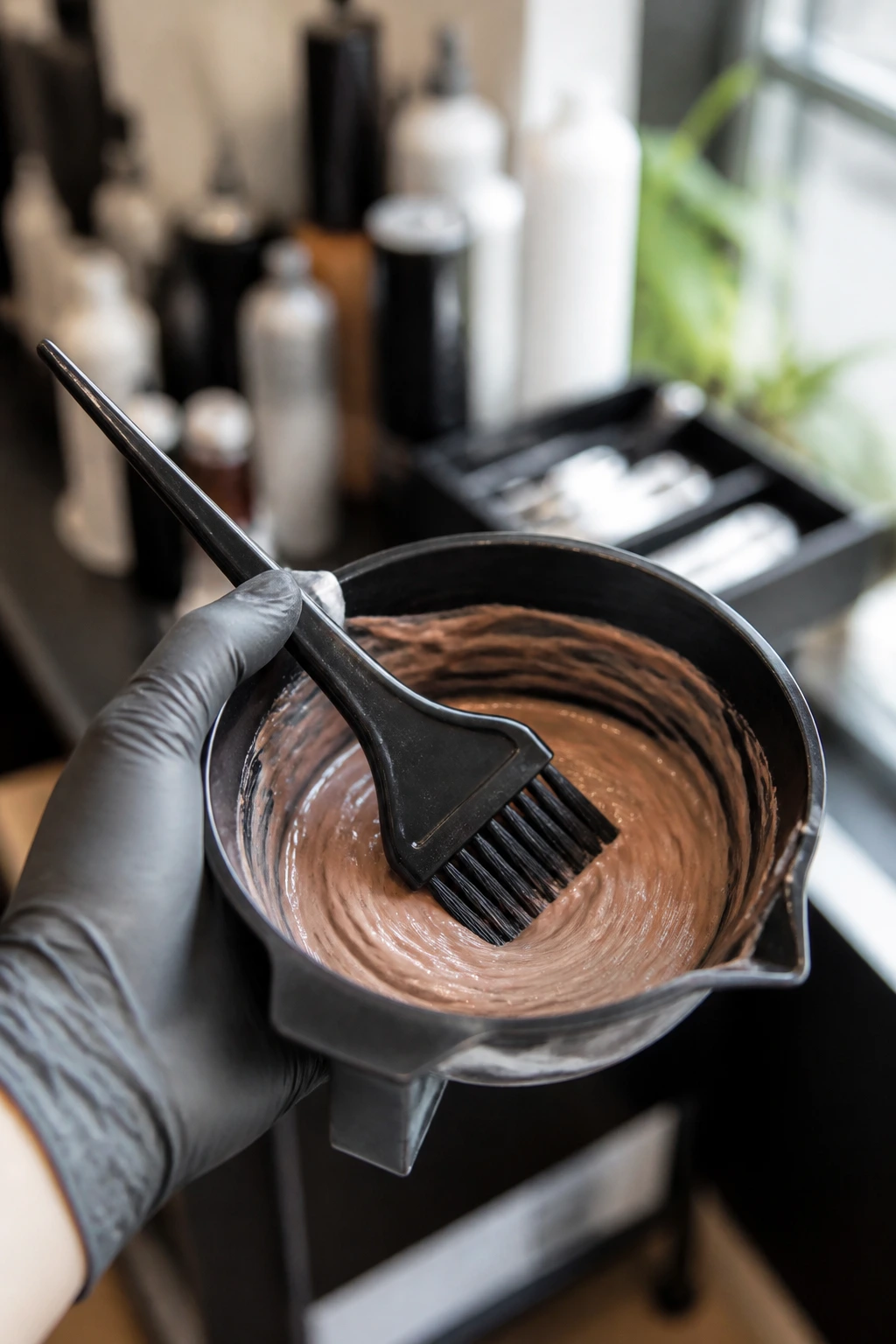 Close-up of tint bowl and brush with dye ready for application in a salon setting