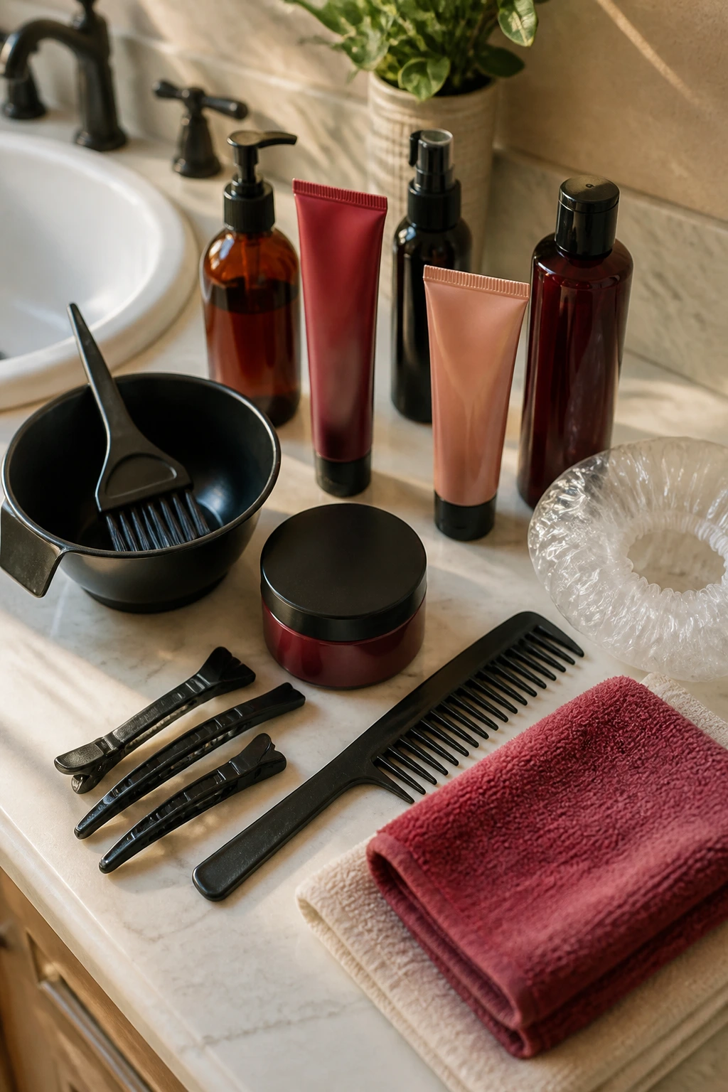 Macro shot of red hair color tools arranged on a bathroom counter