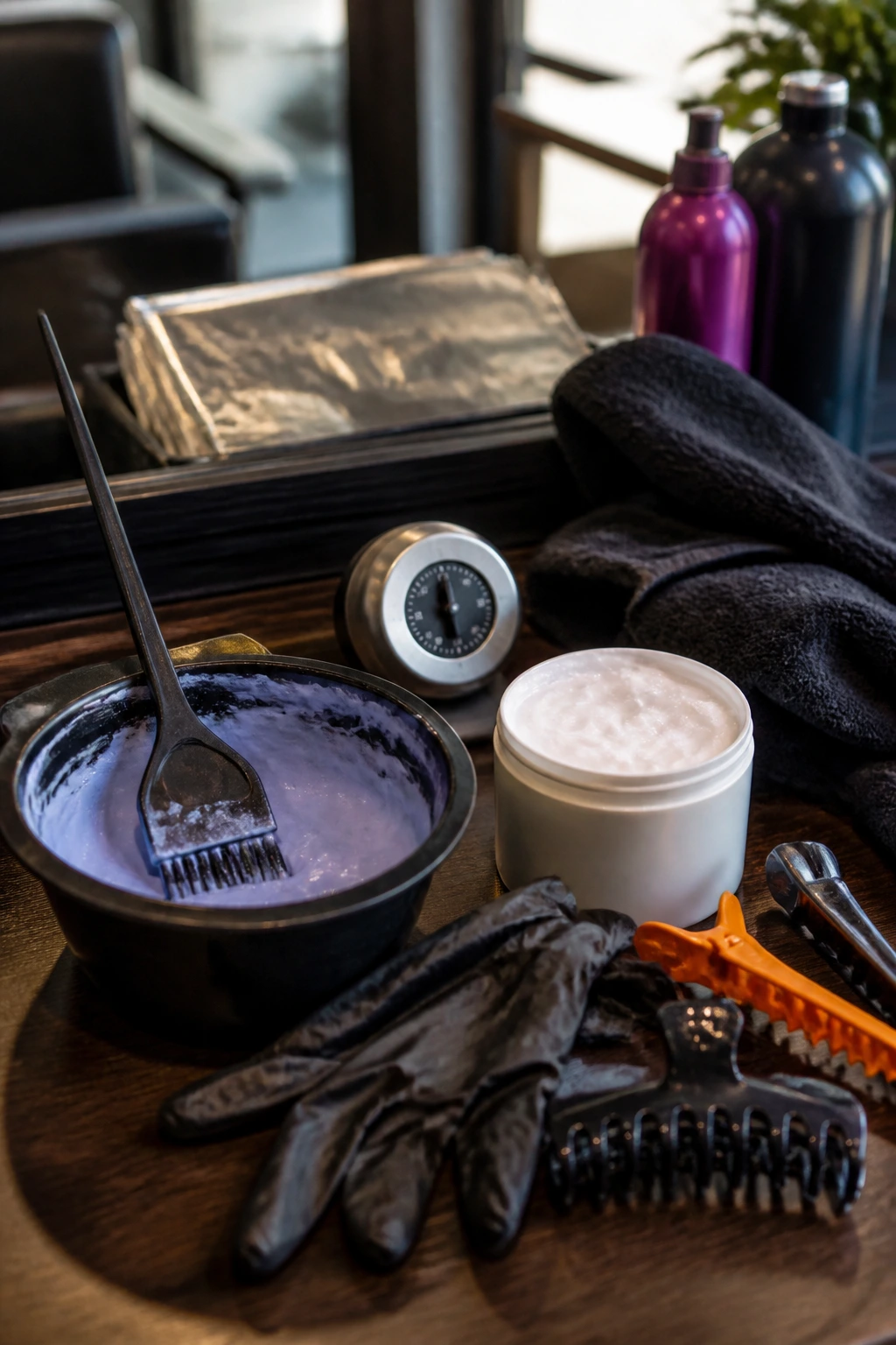Close-up of hair coloring tools on a salon counter
