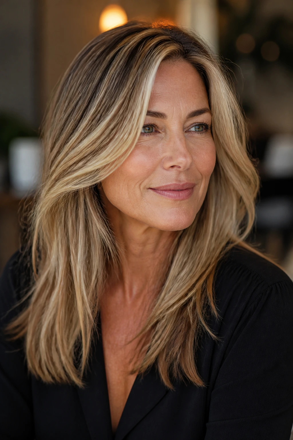 Close-up of a woman with face-framing blonde highlights.