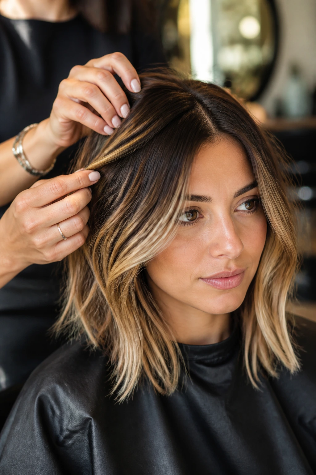 Client in salon discussing base lift and tone with colorist