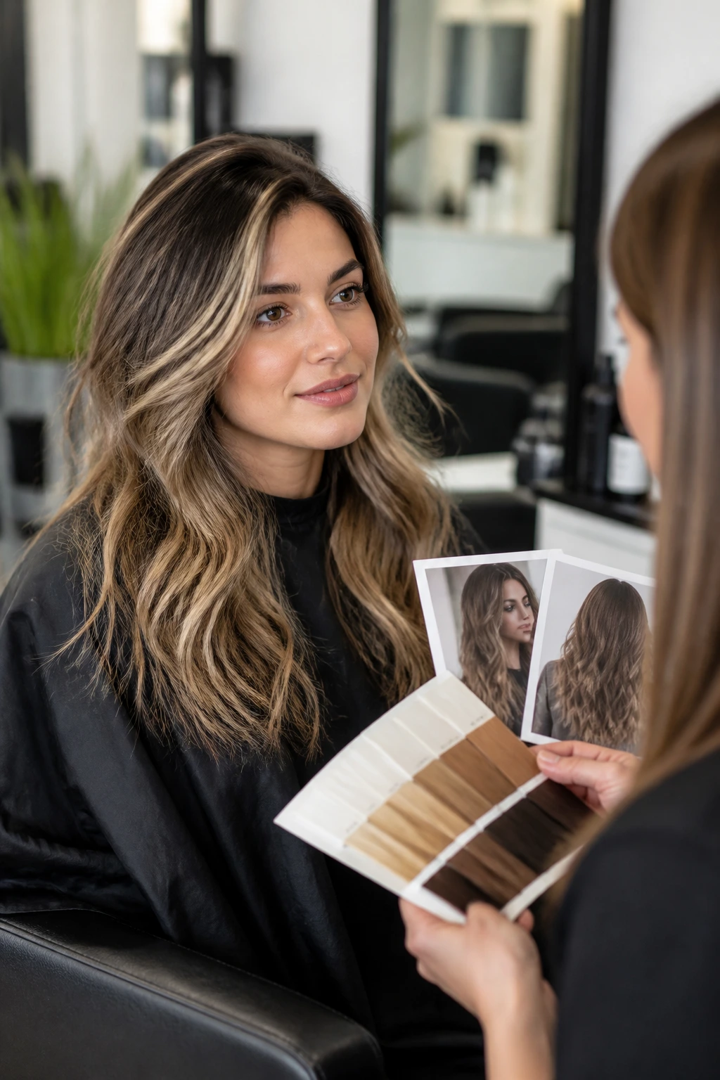 Real client in a salon consultation about color, discussing shade and placement