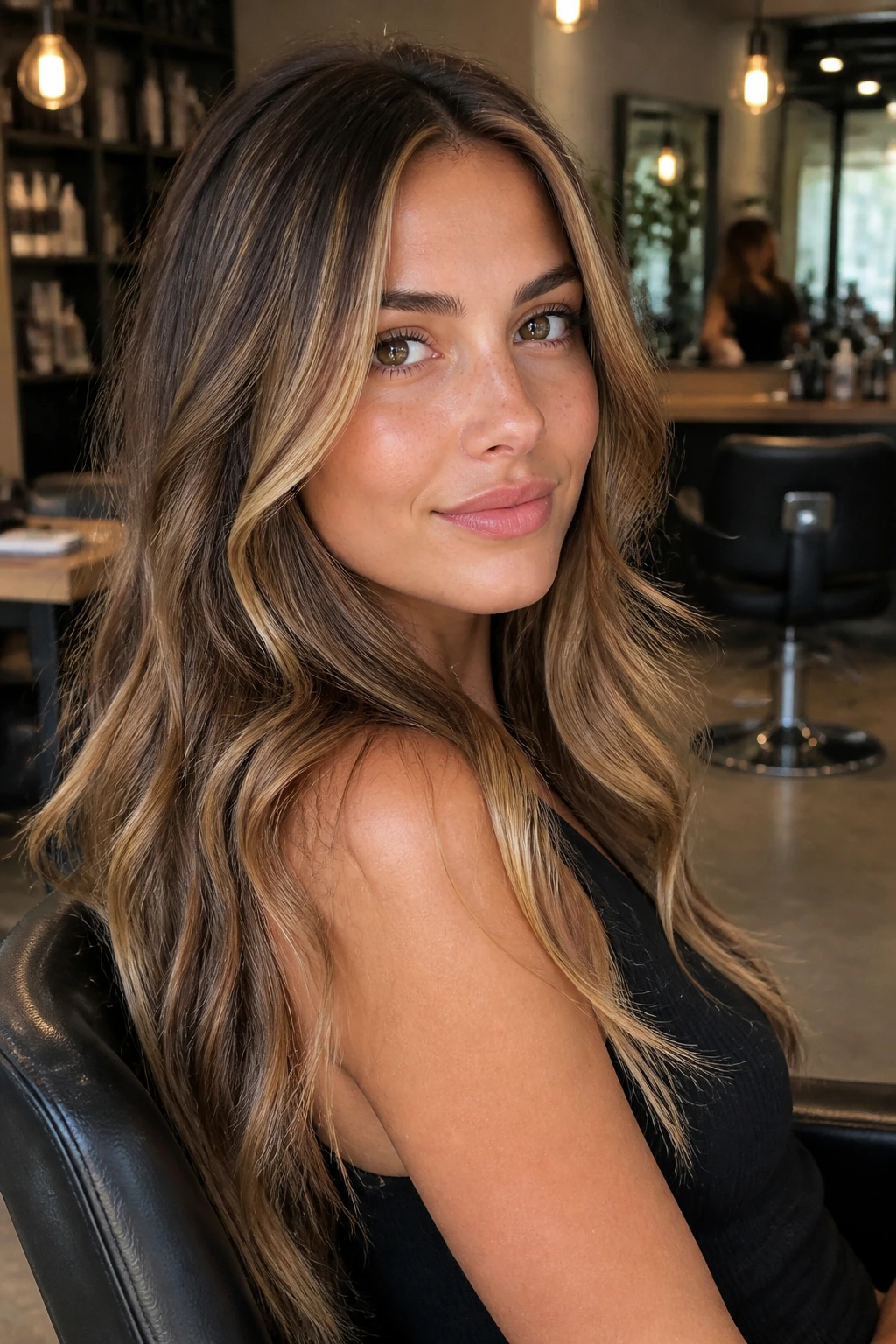 Client in salon chair with hair styled and glossy highlights, calm expression