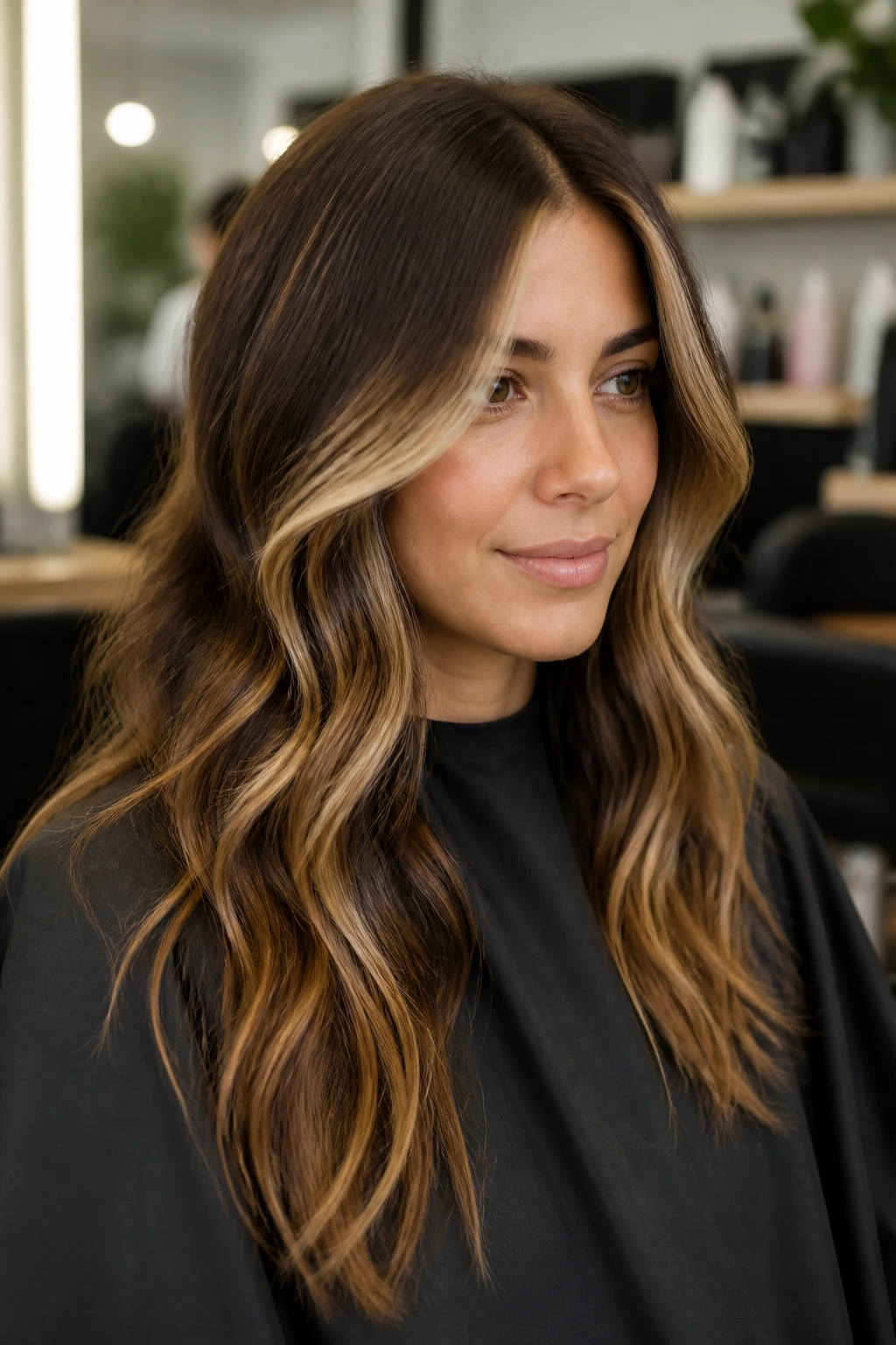 Real person in a salon chair with root depth visible and face-framing highlights.
