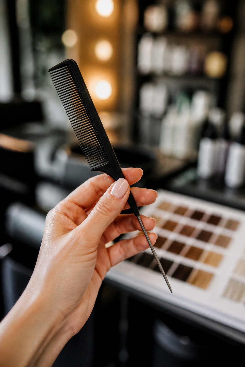 Close-up of a tail comb held in hand with blurred salon background