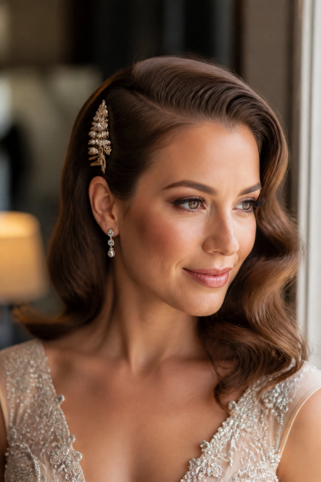 Real person wearing event-ready waves with a decorative comb accent