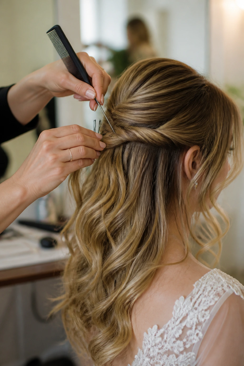 Hands of a stylist using a comb and pins on a bride's half-up hairstyle.
