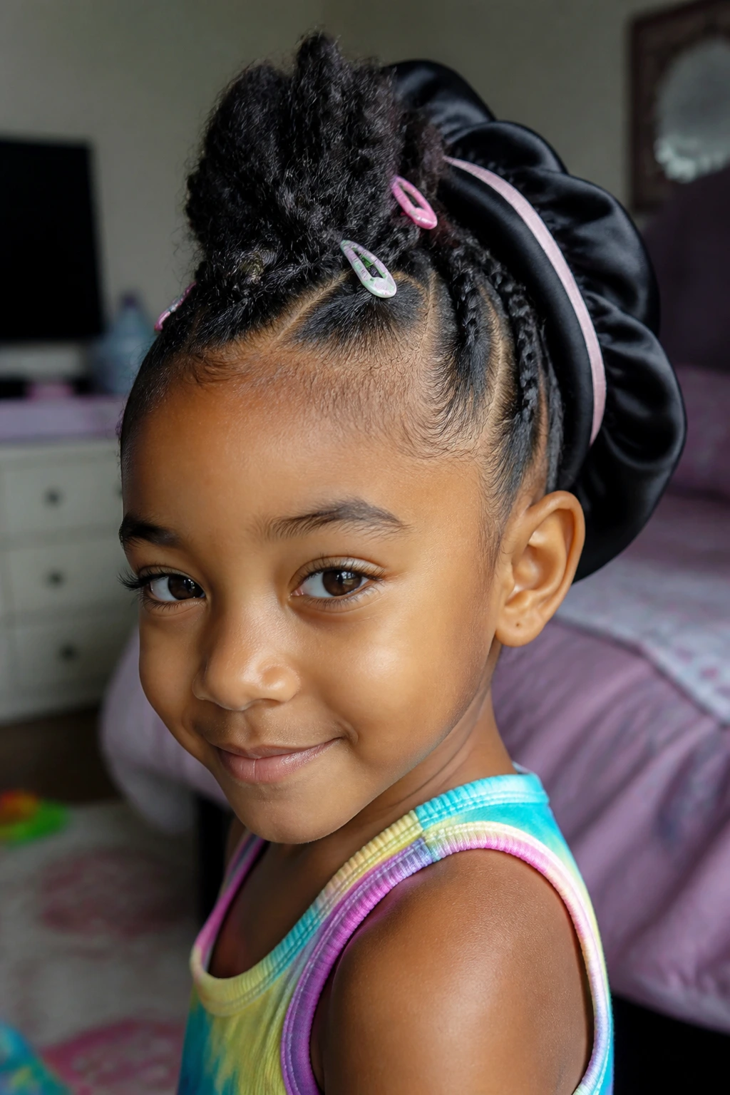 Girl with mohawk showing satin bonnet and clips in a real room