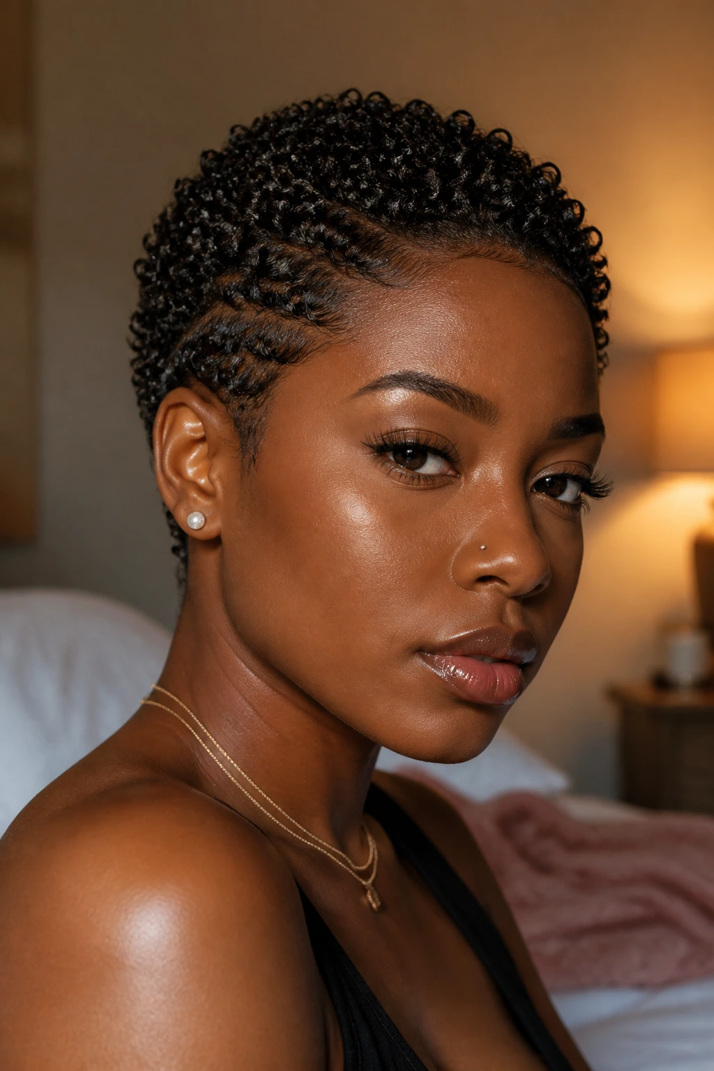 Close-up of comb coils on pixie haircut