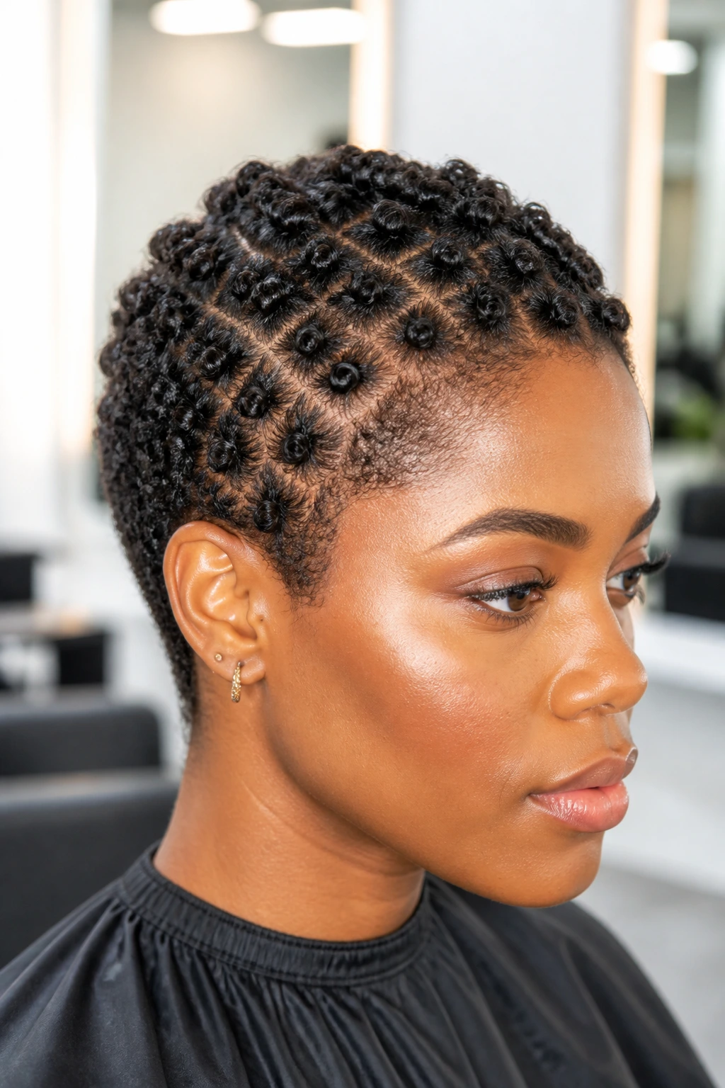 Precision comb coils on a short TWA head close-up