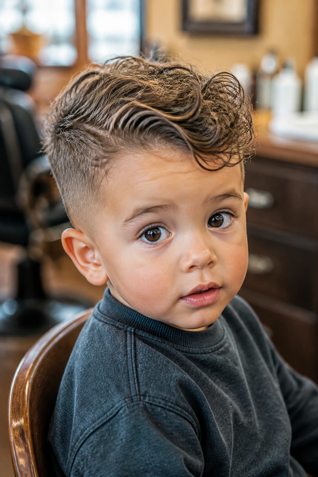 Close-up of toddler with comb-over curly lift hairstyle in a warm barber shop