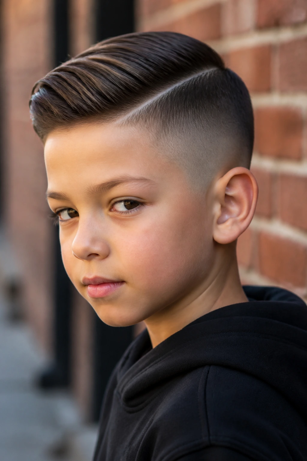 Boy with comb over fade, top swept to the side, urban background blur.