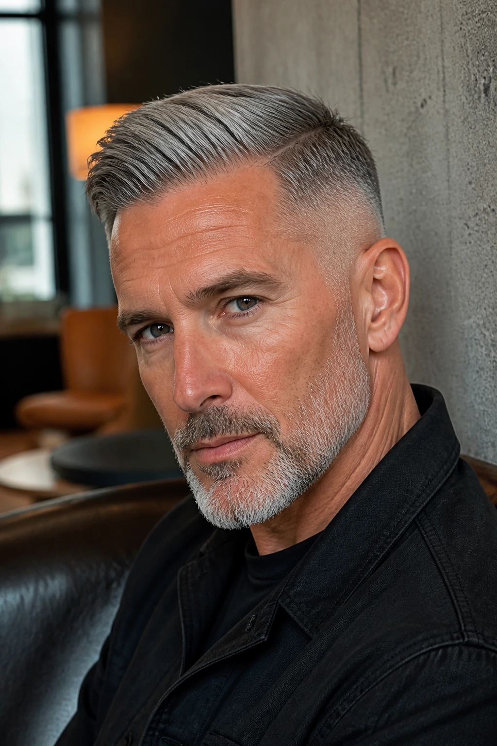 Close-up of man with comb over fade gray hair in stylish lounge