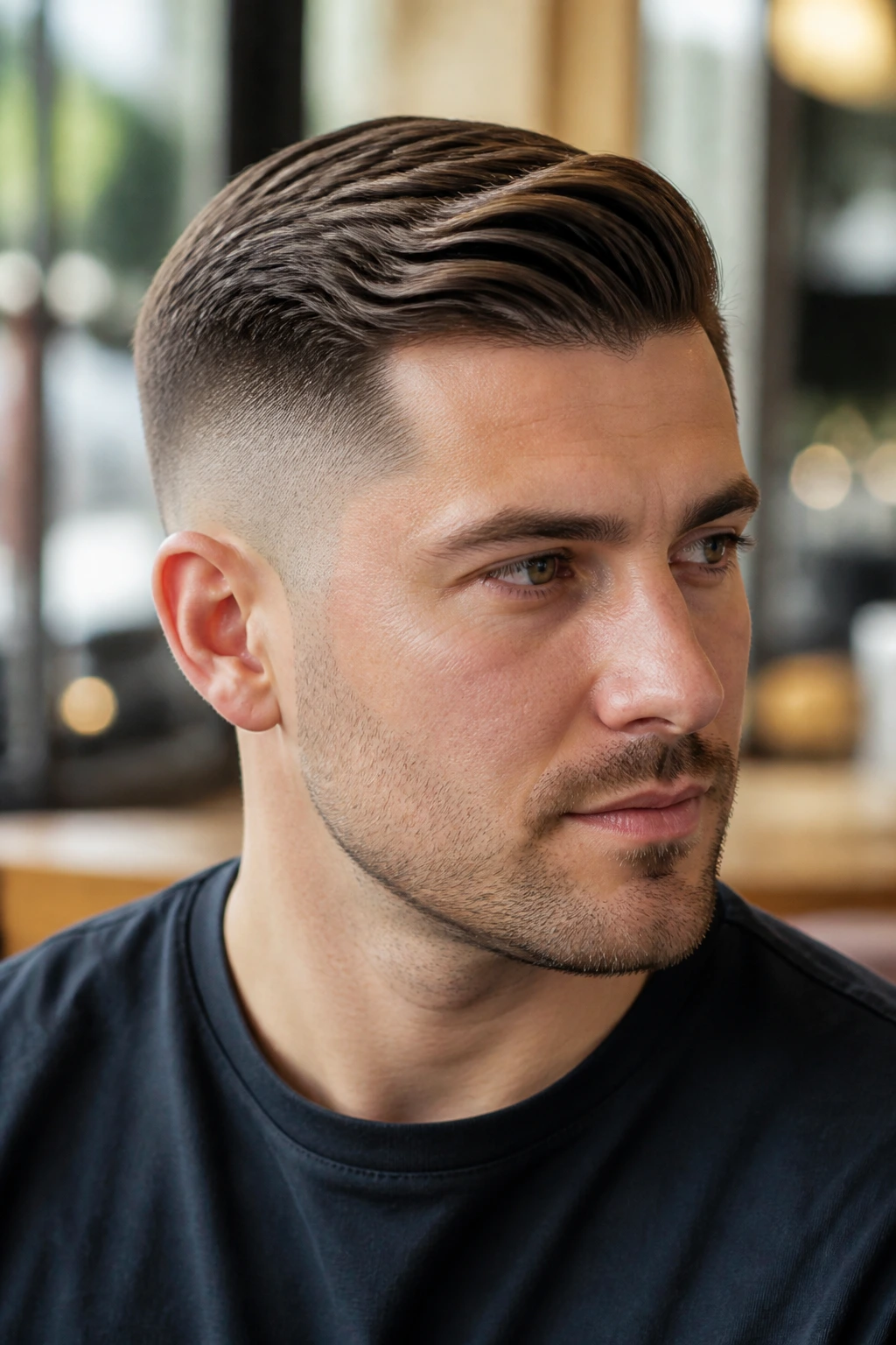 Close-up portrait of a man with a soft comb-over fade