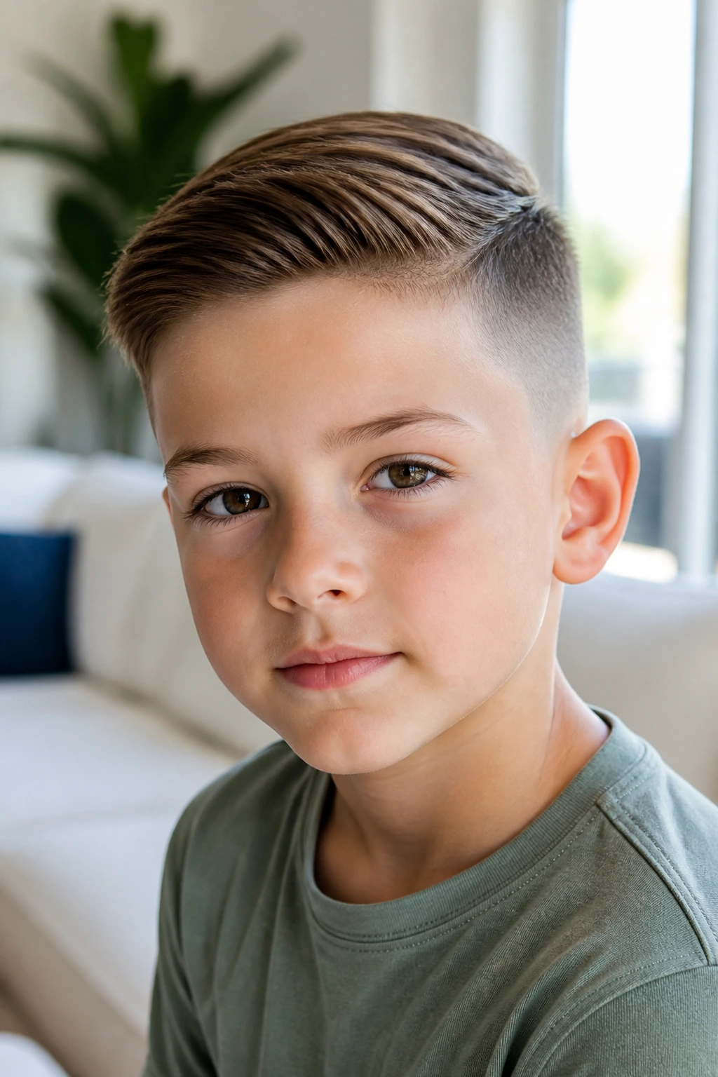 Real boy with comb-over fade hairstyle in a sunlit room