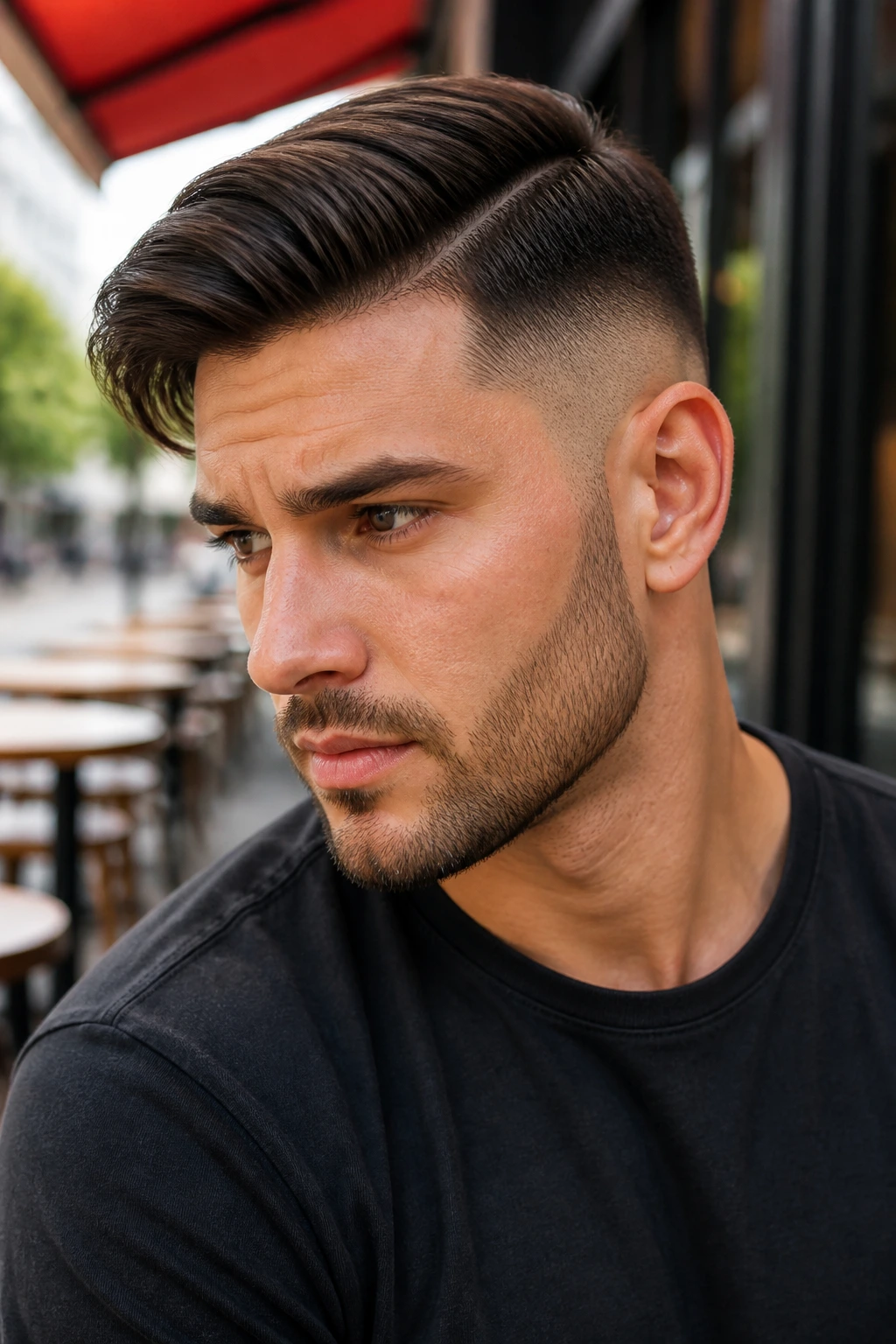 Portrait of a man with a textured comb over fade in daylight