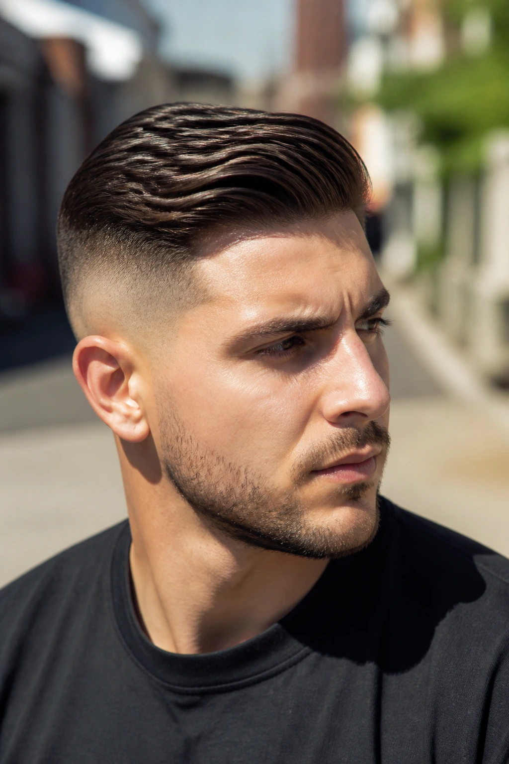 Close-up portrait of a real man with comb over fade outdoors