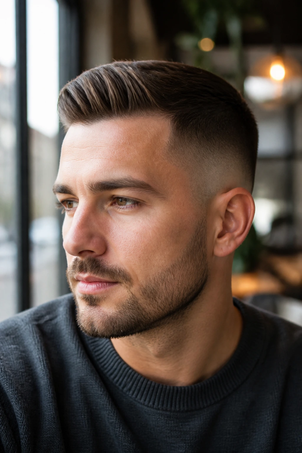 Portrait of man with comb over fade and short top