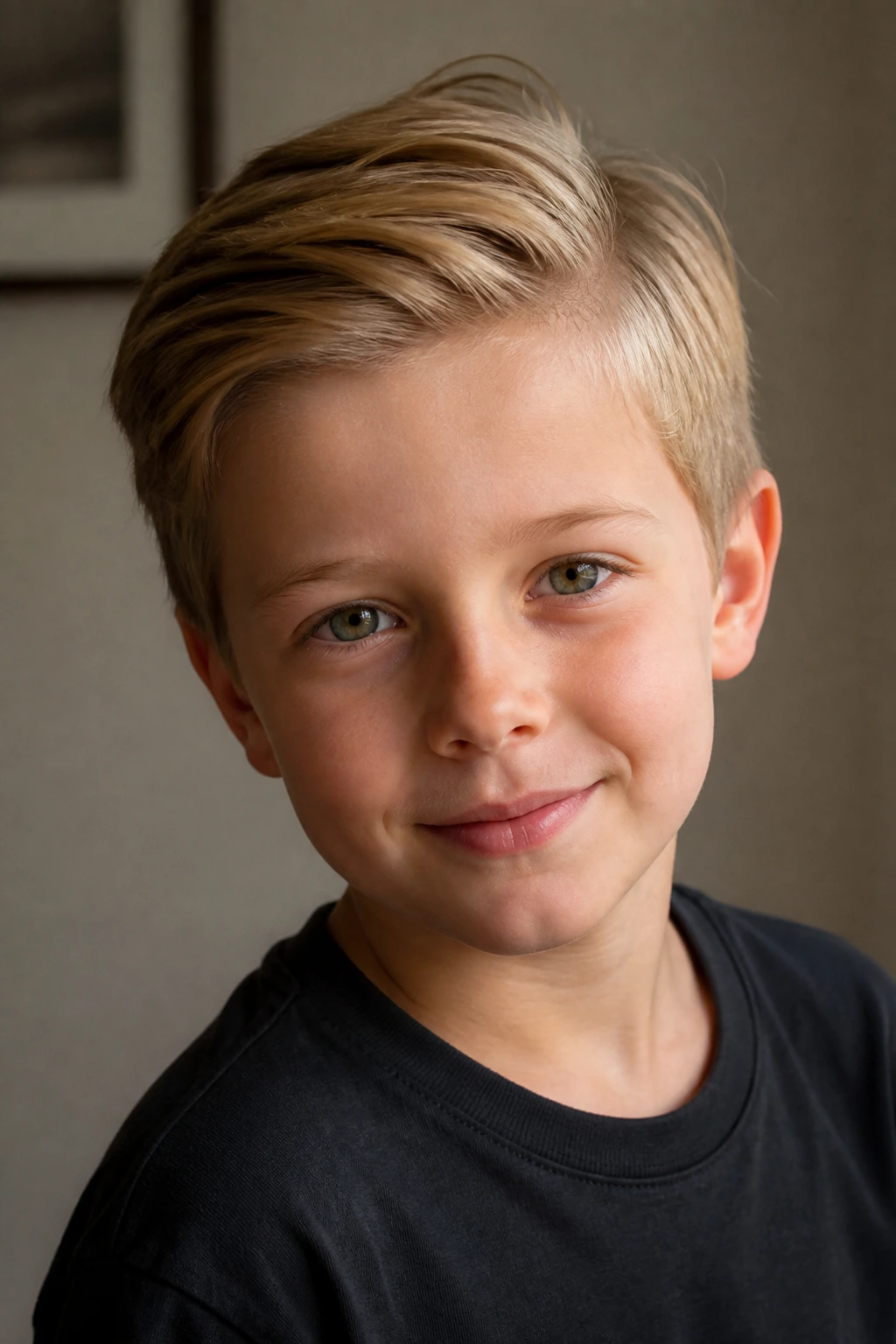 Close-up of a child with a natural comb over and gentle part in soft indoor light