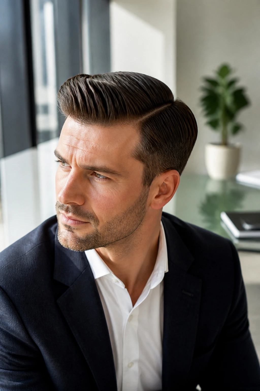 Close-up portrait of a man with a comb over hairstyle in a modern office setting.