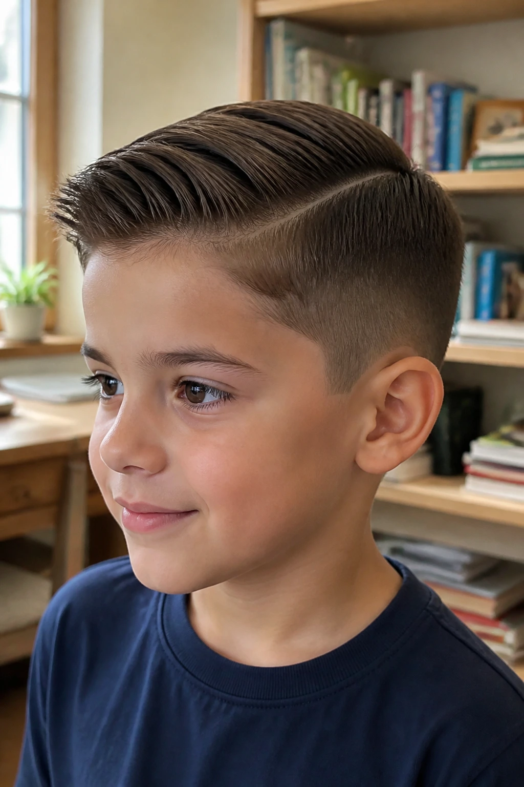 Close-up of a boy with a soft comb-over taper hairstyle in natural light