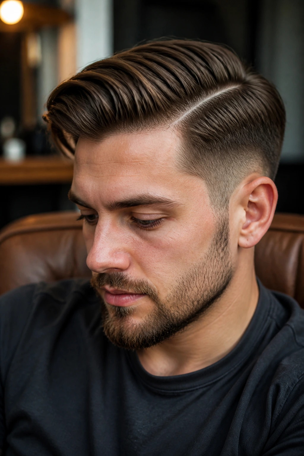 Man with comb-over taper showing a clean side-swept top and tapered sides