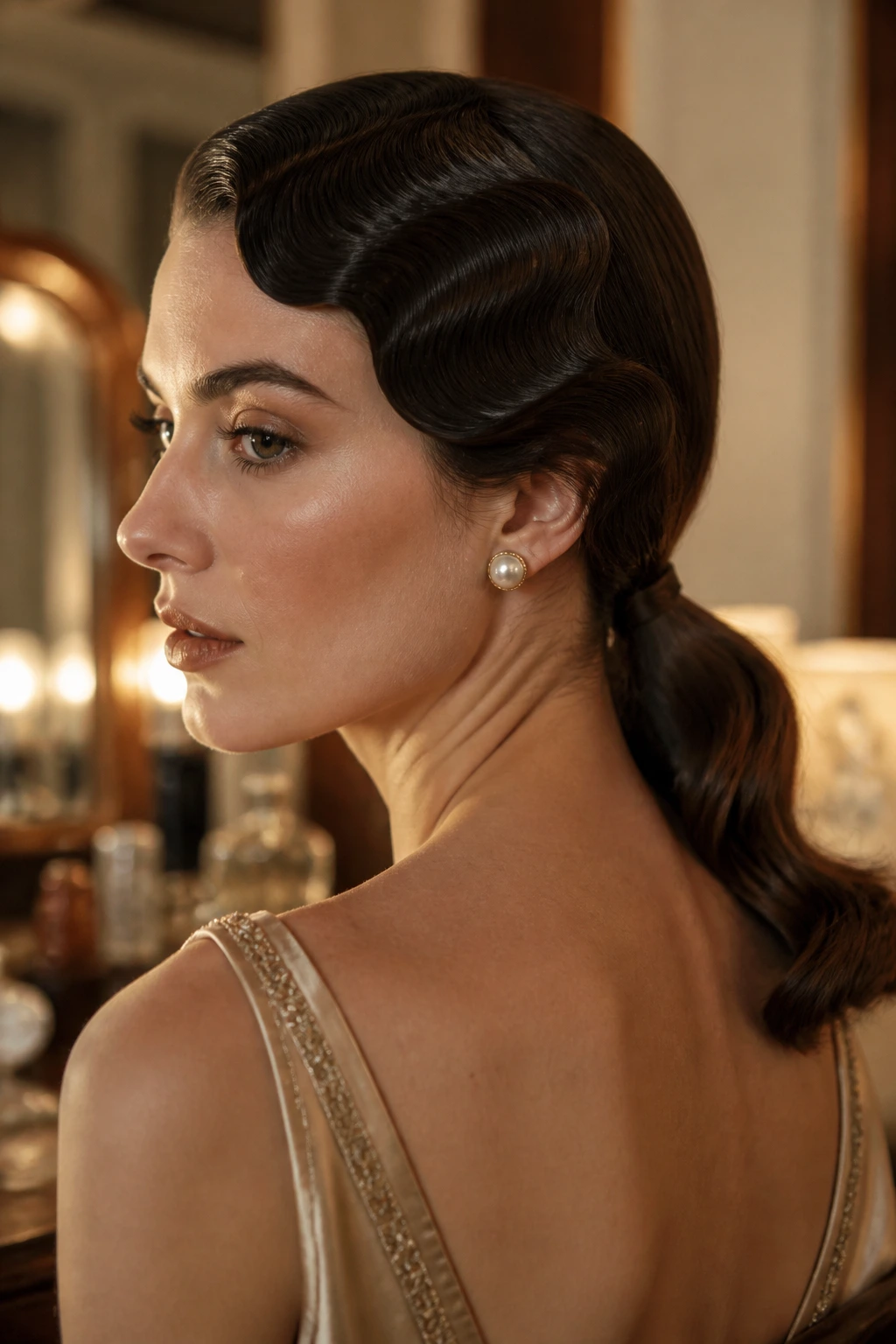 Comb wave ponytail close-up on real woman with front S-shaped waves and low ponytail.
