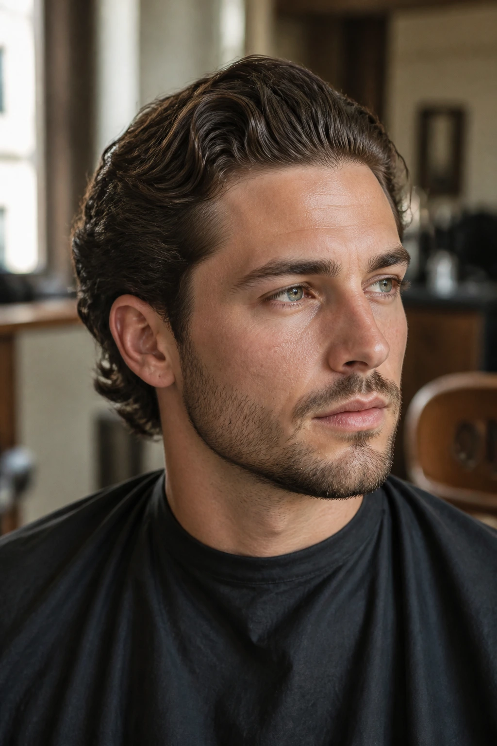 Close-up portrait of a man with combed-back waves in a modern salon