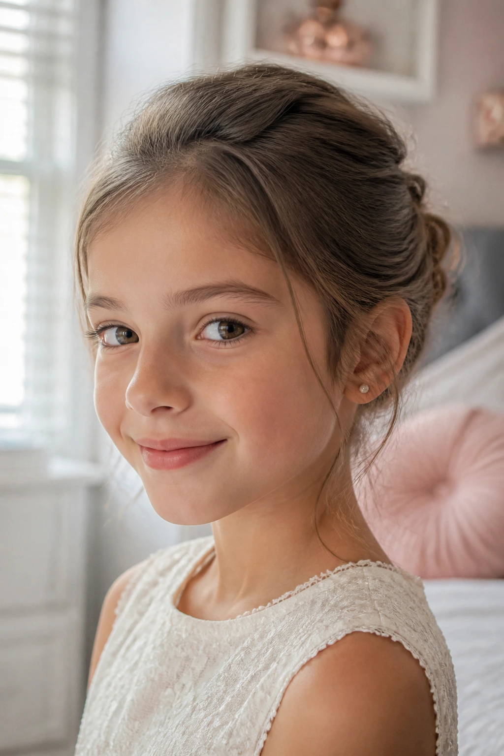 Child in comfortable updo with few pins and soft expression