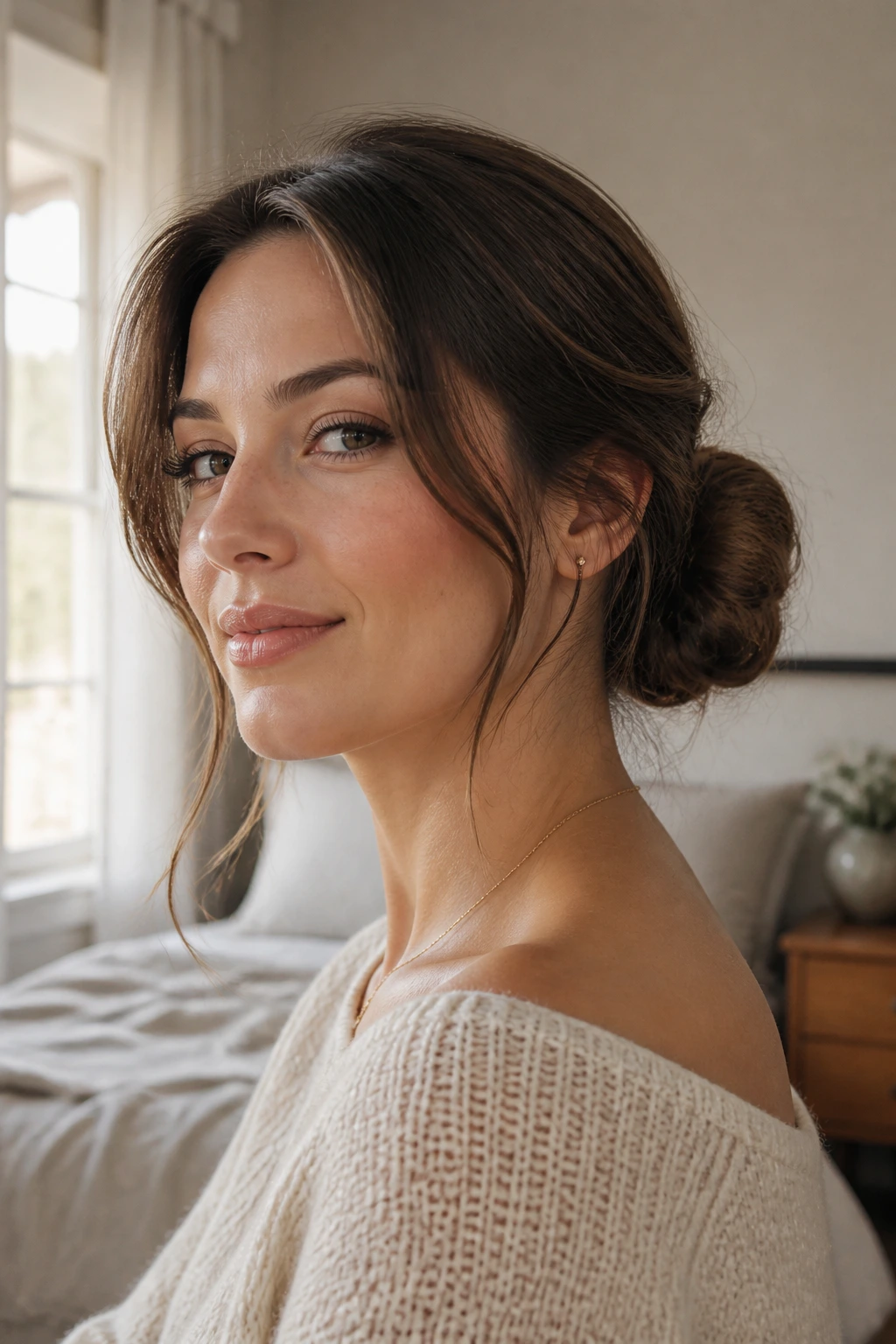 Portrait of a woman with a low, comfortable bun and soft temple wisps