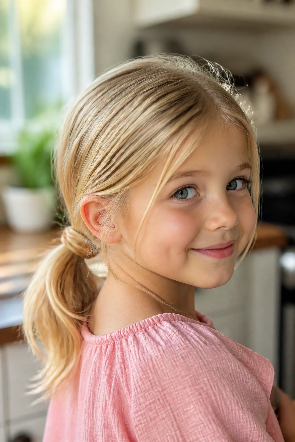 Close-up of a girl's comfy low ponytail wrapped base in a warm kitchen setting