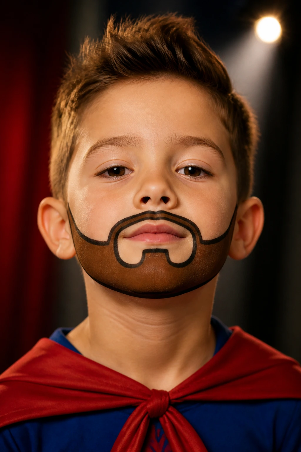 Close-up of boy with comic-book beard makeup on stage backdrop
